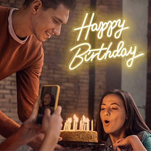 Miniatura 3 de Aslanka Letrero de neón de feliz cumpleaños, letreros de neón LED para decoración de fiestas, letrero de luz de neón HBD alimentado por USB para