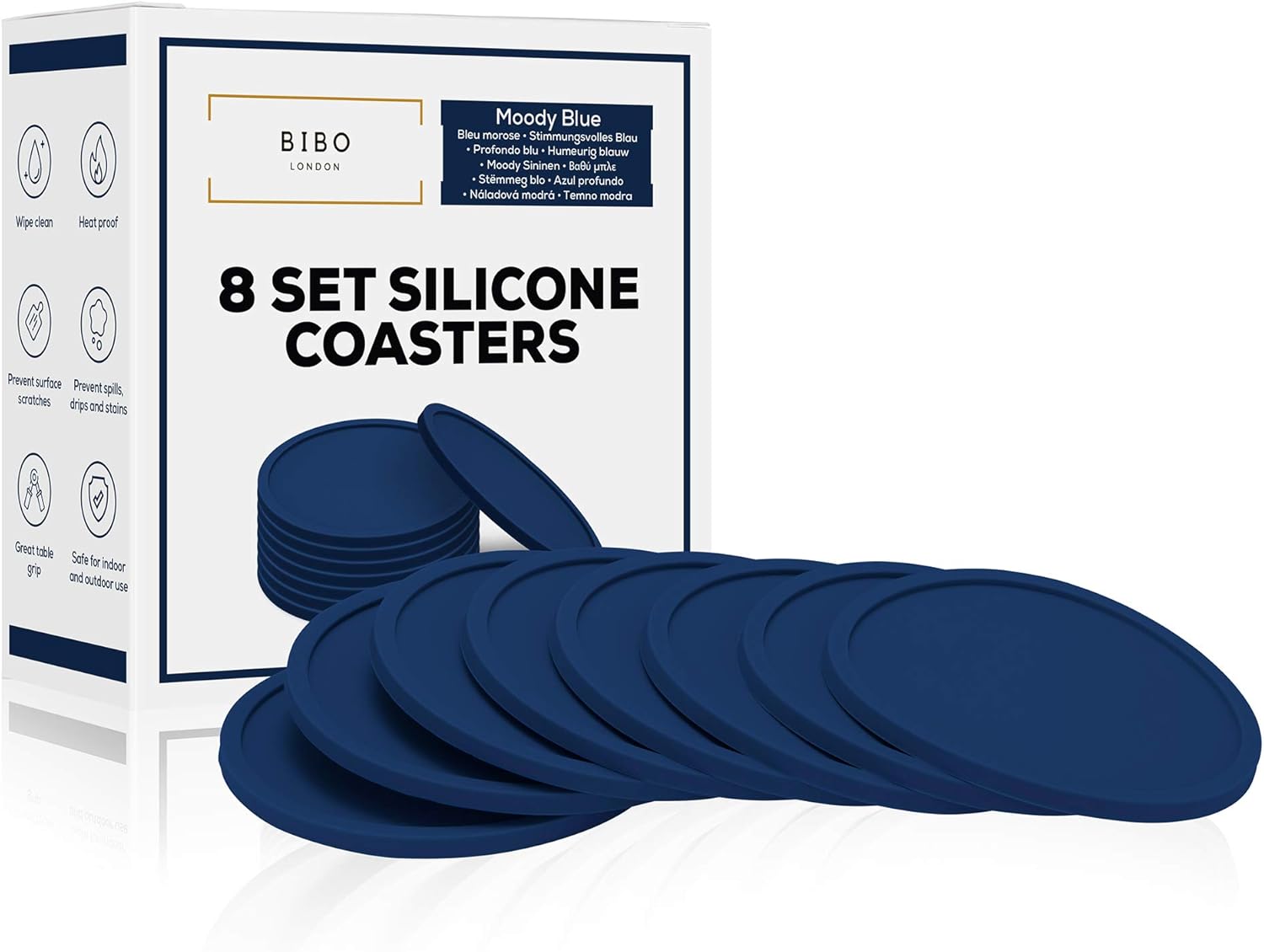 Set of 8 Moody Blue Drink Coasters by BIBO London™. Heatproof Drinks Mats Protecting All Table