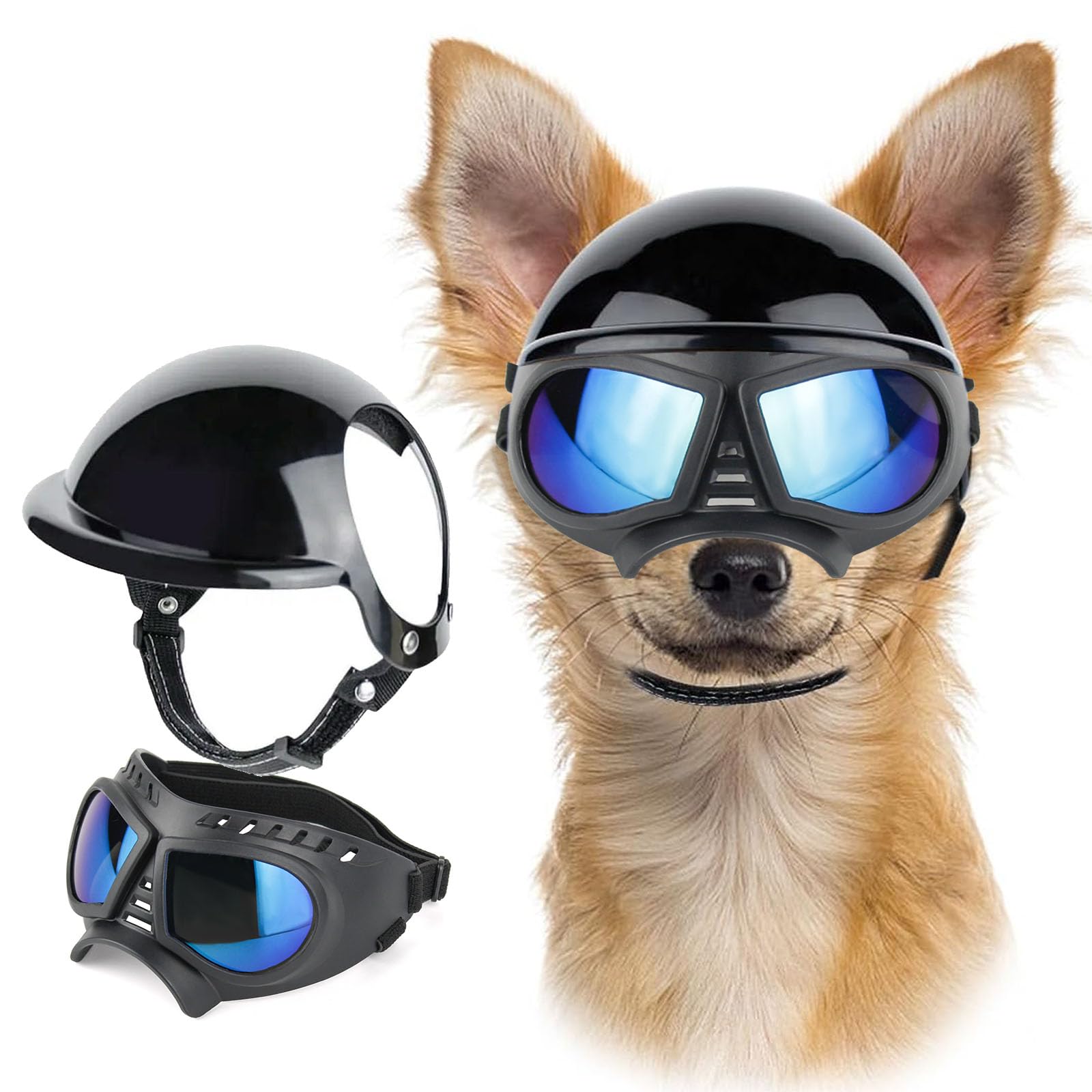 UOSIA Small Dog Helmet and Goggles Set Dog Sunglasses Pet Hat Dog Bicycle/Motorcycle Helmets with Ear Holes Adjustable Dog Glasses Puppy Cap for Outdoor Riding Driving Walking