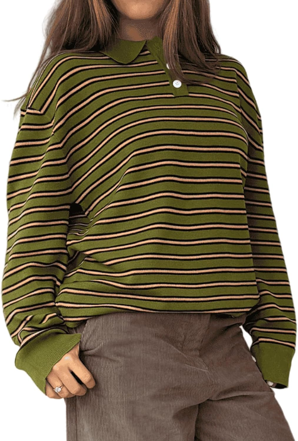 Oversized Striped Sweater for Women Collared Long Sleeve Preppy Polo Sweater Vintage Aesthetic Knitted Rugby Shirts