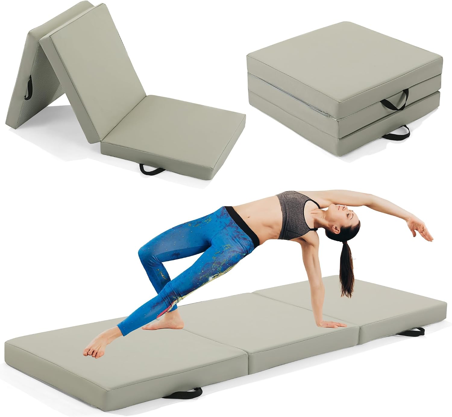 MABOZOO Tri-Fold Exercise Mat, 3'' Thick PU Leather Yoga Mat, 72x24''