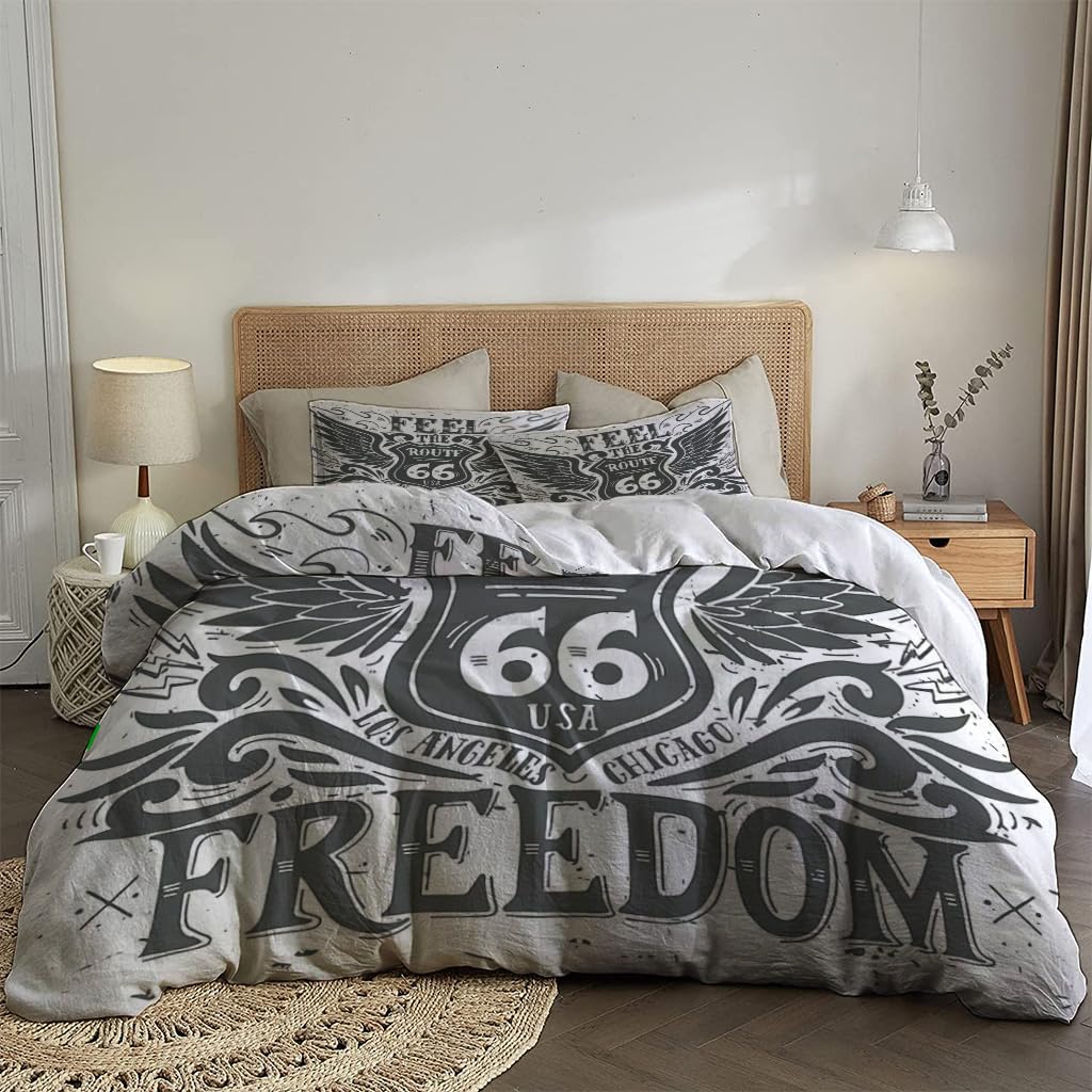 NIBAINLO 布団カバー自由を感じさせるルート66のヴィンテージテーマの白背景 肌に優しい ピーチスキン加工 掛け布団カバー 和式 洋式 あったか 布団カバーセット リバーシブル ホームステイ ホテル 家庭兼用