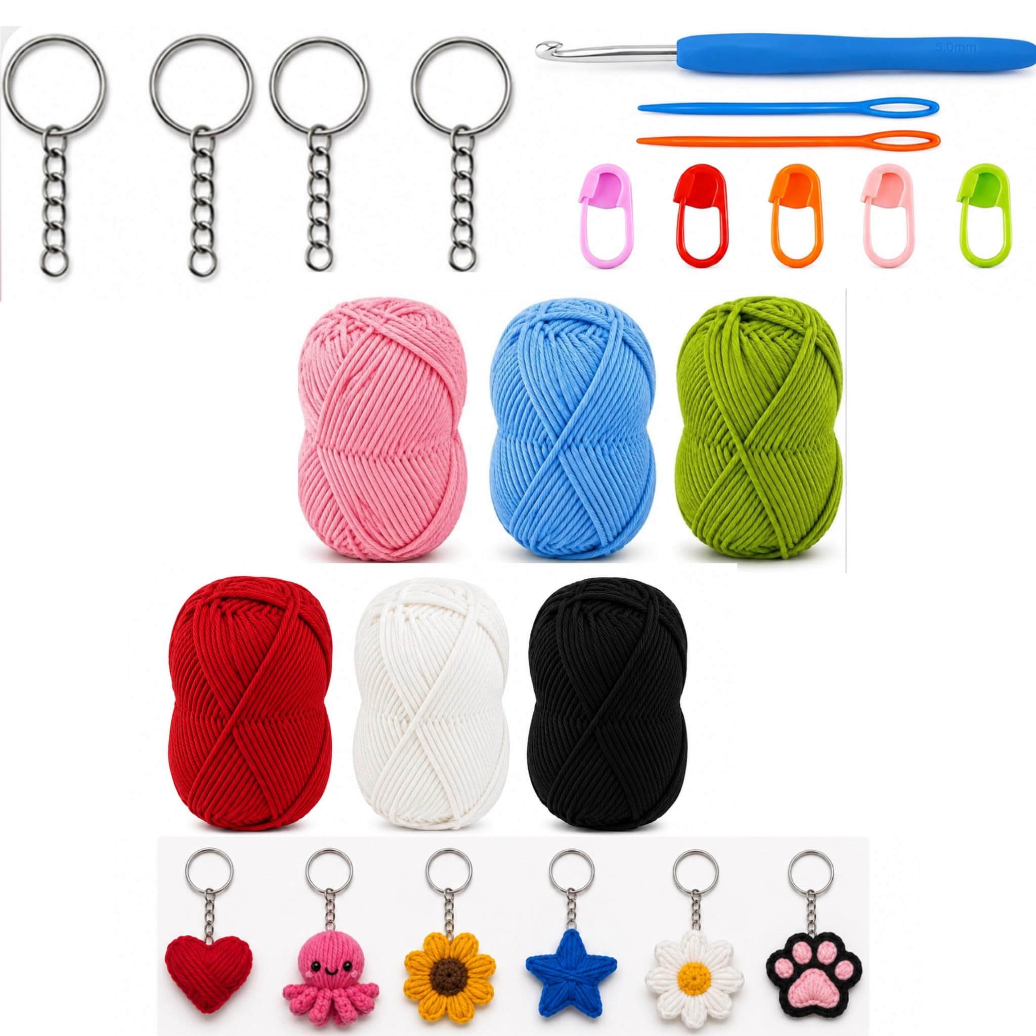 16 Pcs Complete Crochet Hobby Kits for Beginners 6 Random Yarn, 1 Crochet Hooks, 2 Plastic Needles & 5 Stitch Markers 2 Keychain – DIY Learn to Crochet Set for Adults & Kids (All Crocheting Tools Included)-image-20
