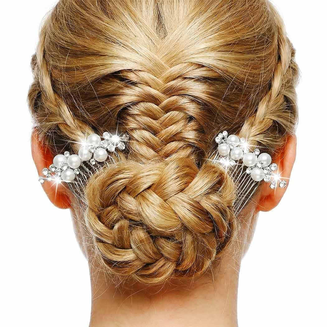 Brishow Silver Pearl Rhinestone Hair Combs, Small Hair Accessories for Brides and Bridesmaids (2 Pcs)