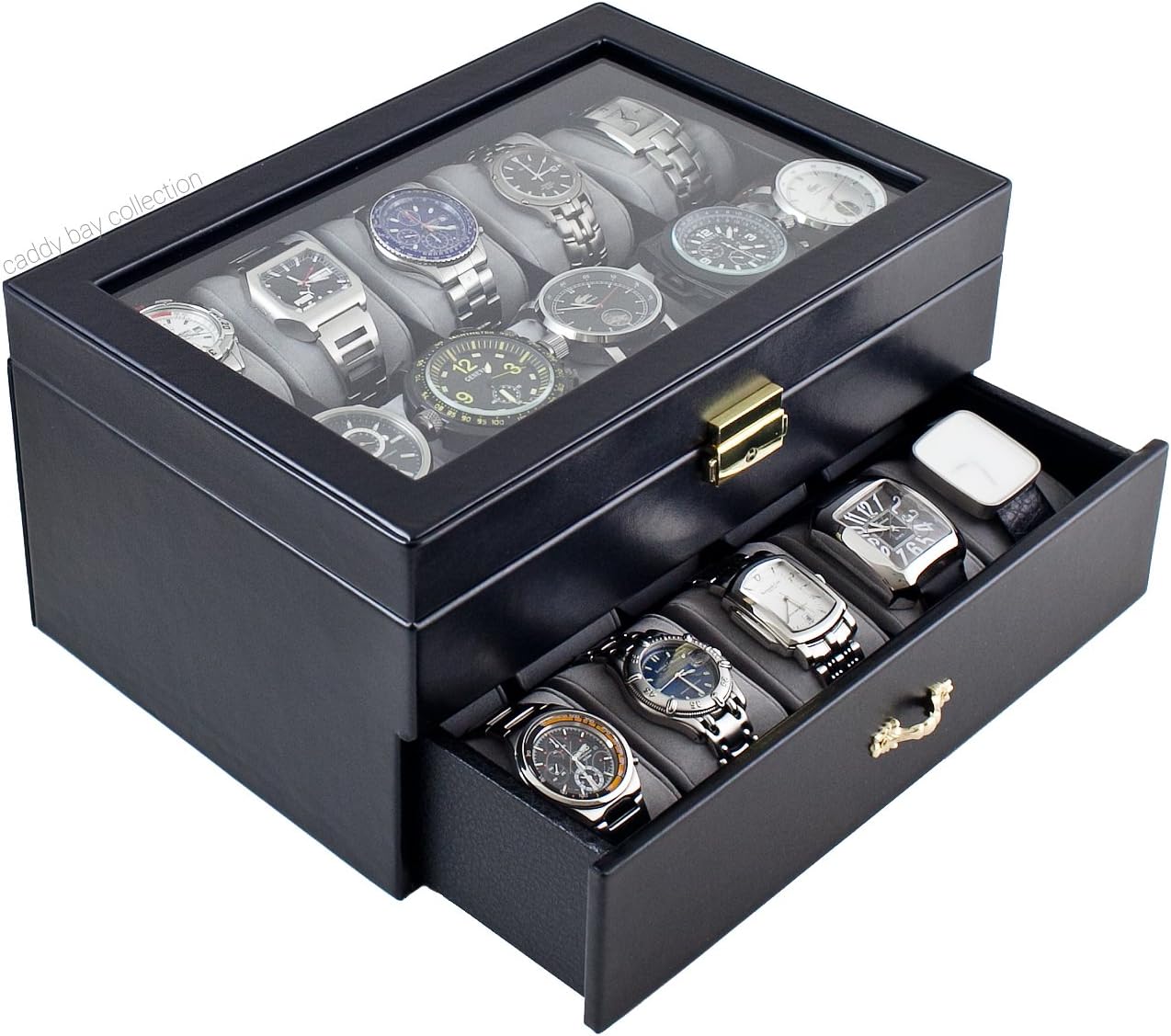 Caddy Bay Collection Black Classic Watch Case Display Box with Clear Glass Top Holds 20 Watches with Microfiber Cleaning Cloth