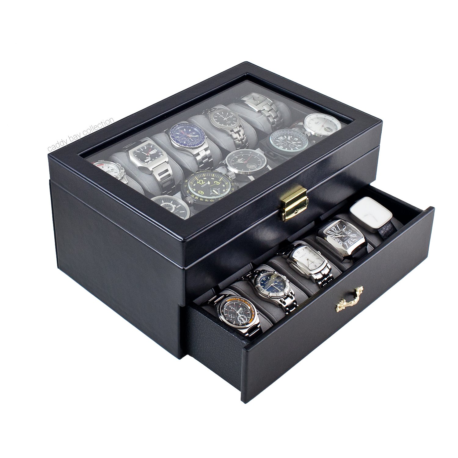 Caddy Bay Collection Black Classic Watch Case Display Box with Clear Glass Top Holds 20 Watches