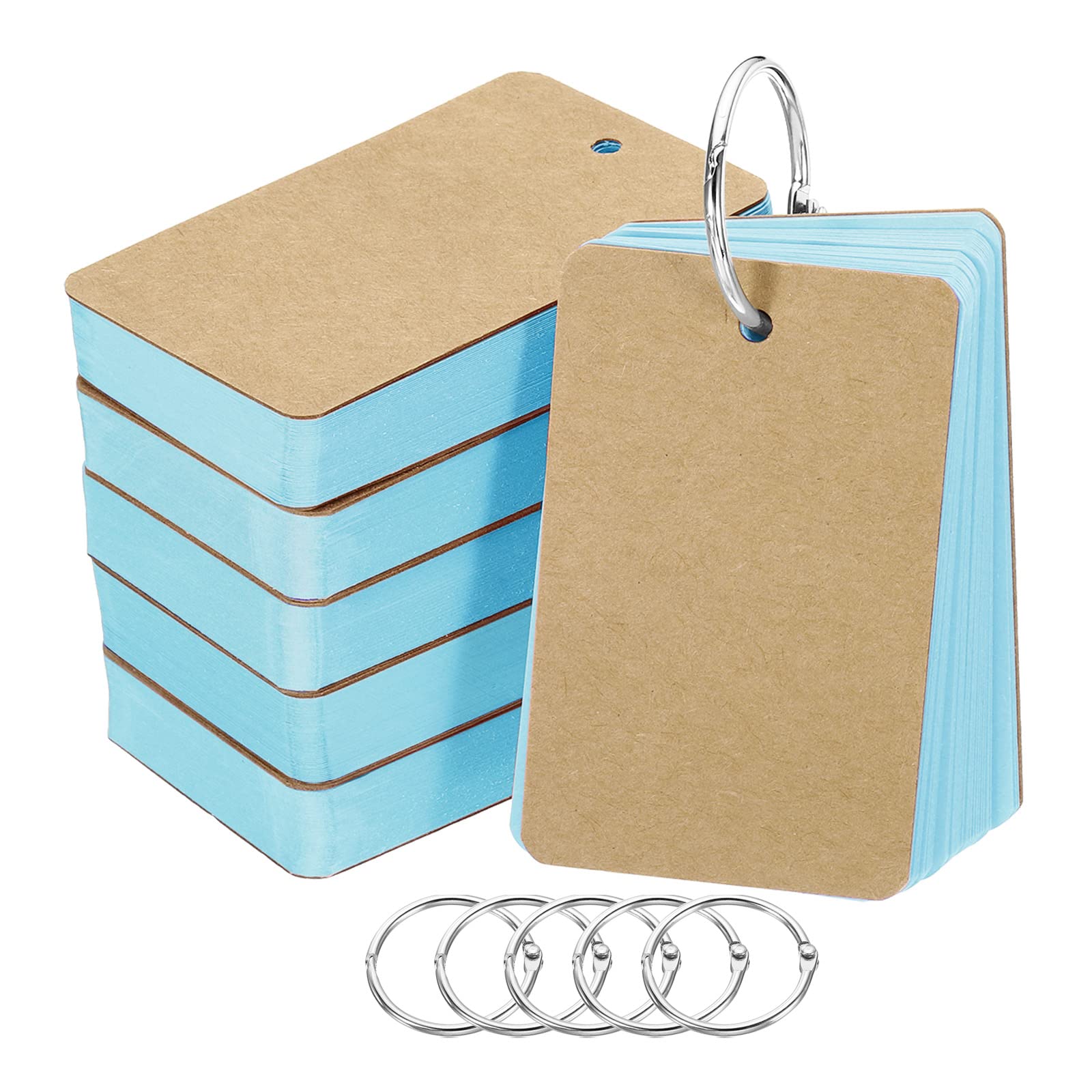 PATIKIL 3.5" x 2" Blank Flash Cards with Rings, 300 Pack Study Cards Index Cards Note Card Pre Hole Punched for Learning Blue