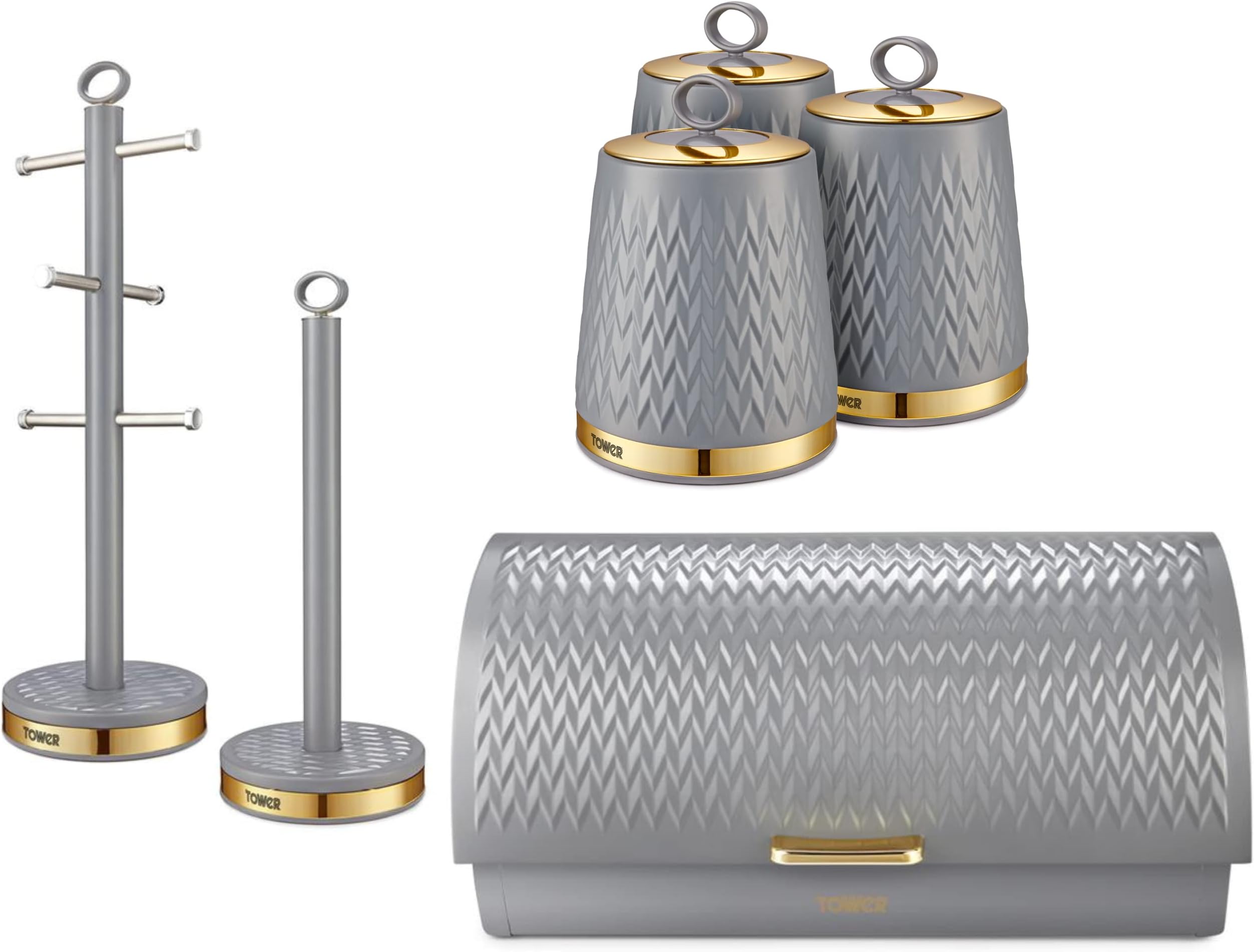 Tower Empire Kitchen Storage Set. Bread Bin, Set of 3 Tea, Coffee, Sugar Canisters, Mug Tree & Towel Pole in Grey with Brass Accents. Contemporary Art Deco Design Set of 6 Kitchen Items