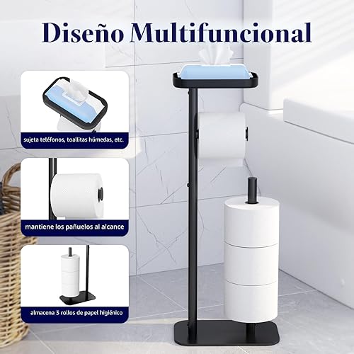 Miniatura 4 de Kitsure Soporte de papel higiénico de pie – Soporte de papel higiénico de metal antióxido para 4 rollos con base antideslizante y estante