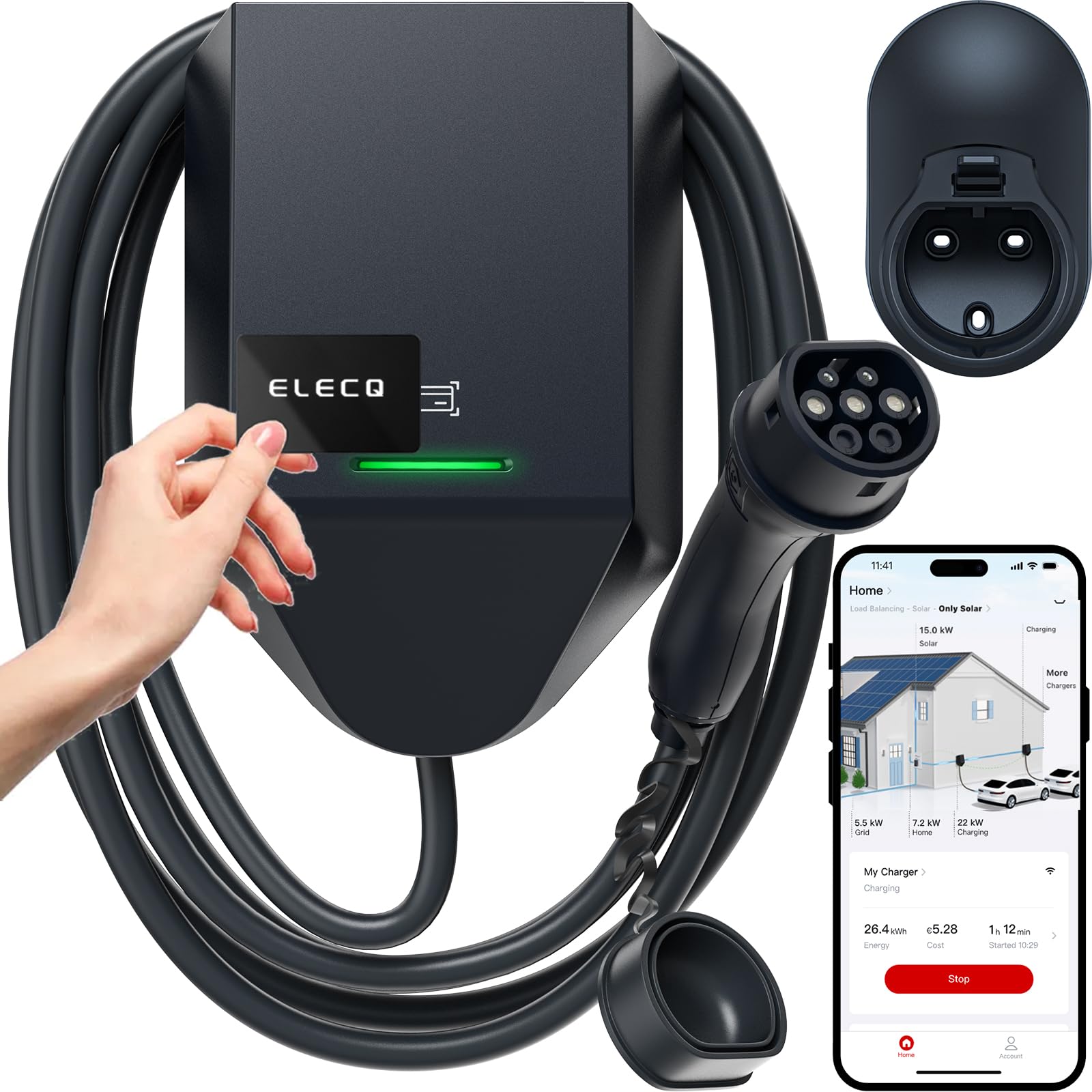 Wallbox 7,4 kW con Cable 5M | Cargador Coche Eléctrico Tipo 2 Monofásico 32A | gestión de la Carga & Carga Solar (Requiere Power Monitor) | App WiFi RFID OCPP | Estación de Carga Doméstica