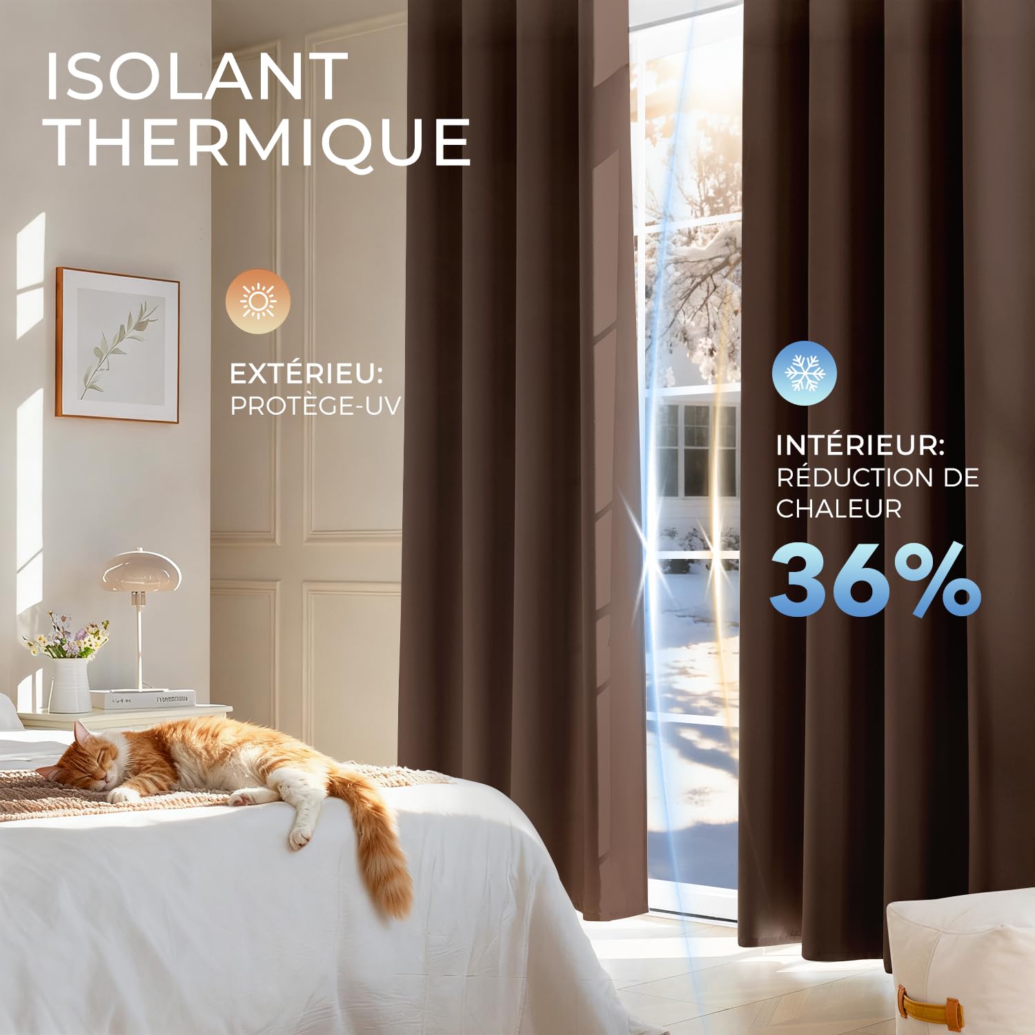 Rideau Occultant Thermiques Isolant 140x175(LxH) Lot de 2 avec Galon Fronceur Anti Froid et Chaleur, Rideaux Opaque Anti UV Décoration Intérieure Chambre Salon Braun