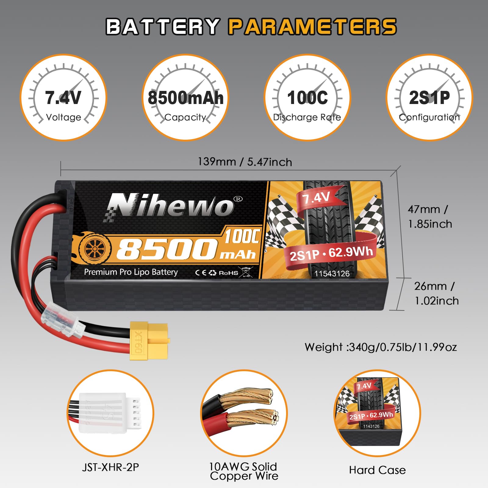 7,4V LiPo Akku 2S 8500mAh 100C Hardcase XT60 für RC Fahrzeuge 2Stück | 8500mAh 7,4V RC Akku 100C Hardcase XT60-Stecker kompatibel mit Arrma Axial 1/8 1/10 RC Auto LKW Buggy Drohne Boot Modellen