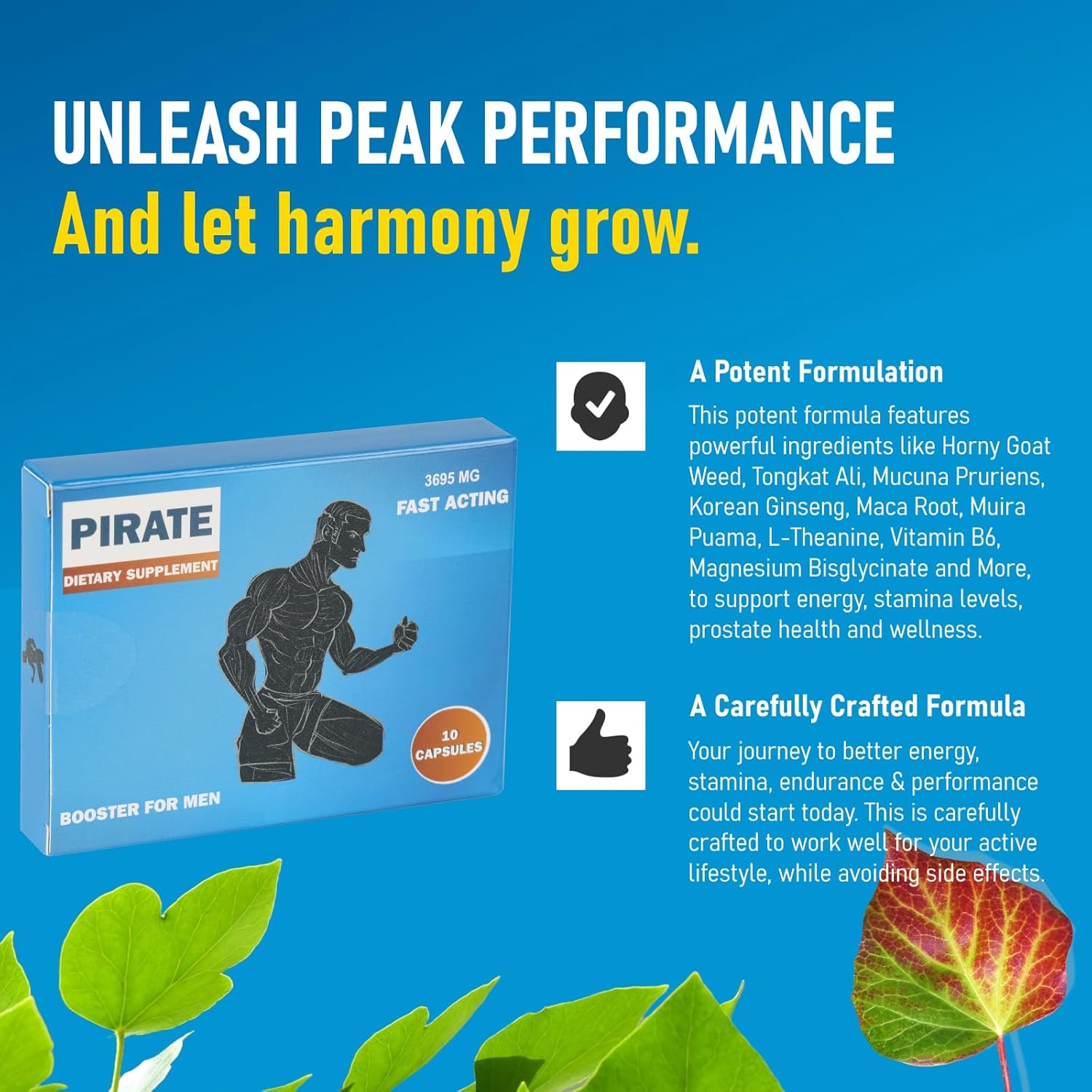 Pirate Fast-Acting Performance Enhancer for Men – Optimized Herbal Energy & Stamina Formula with Horny Goat Weed, Maca, Tongkat Ali, Magnesium, L-Arginine & Vitamin B6 – Vitality & Endurance Support