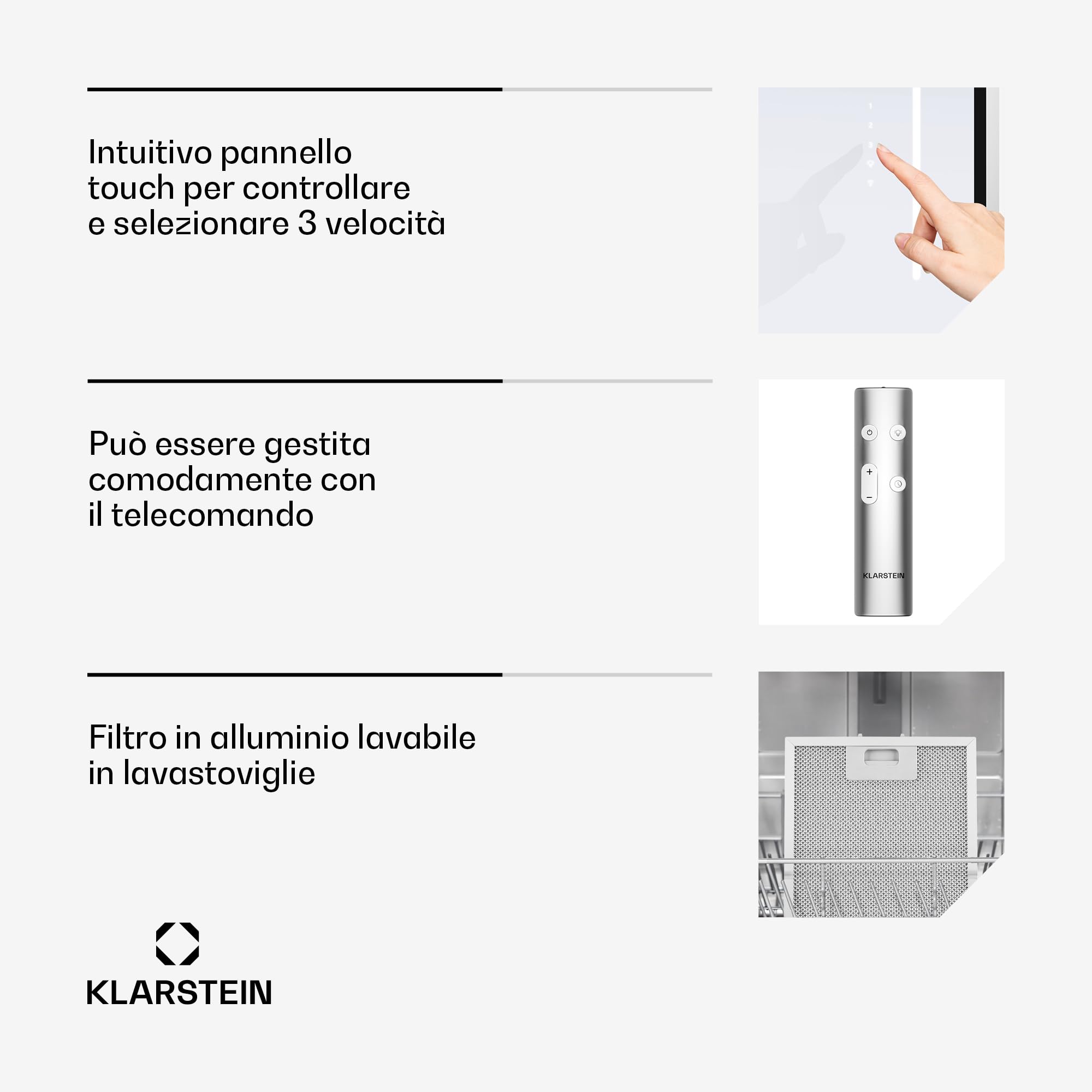Klarstein LuxeAir - Cappa Aspirante, 750 m³/ora, Efficienza Energetica: A, Motore: 110W, Controllo Touch & WiFi, LED: 6000K, Filtri Antigrasso in Alluminio, Cappa da Cucina, Nero
