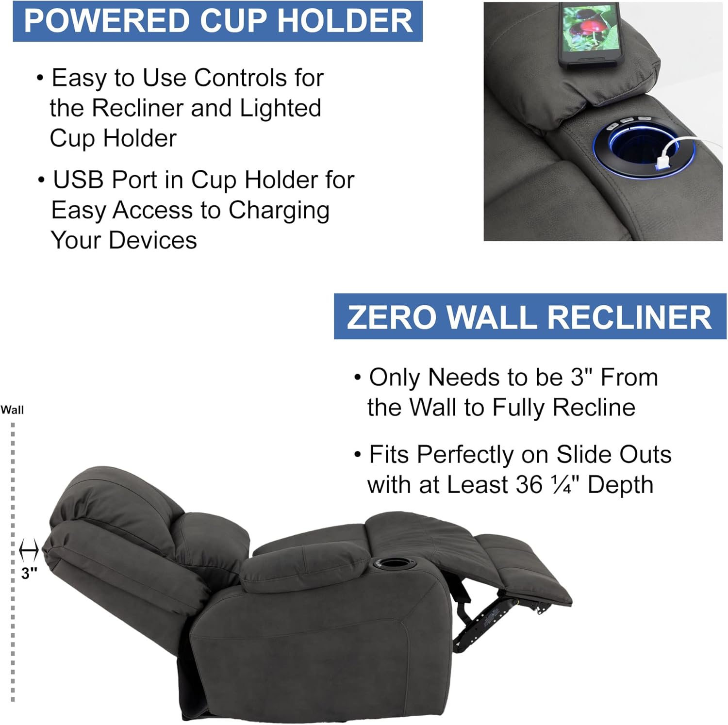 RecPro Charles 58" Powered Double RV Wall Hugger Recliner Sofa RV Loveseat with Upgraded 2023 Fabric (Gunmetal)