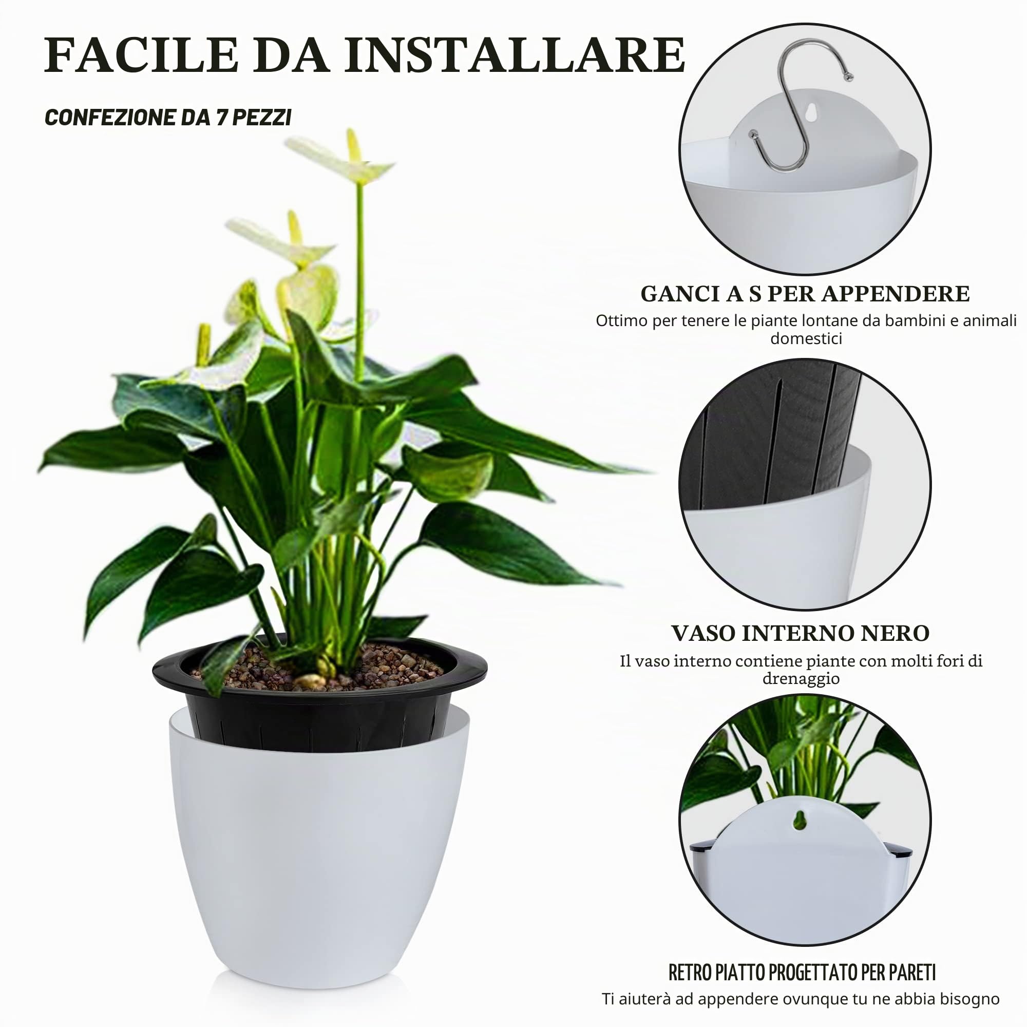 ShoppeWatch Fioriere da parete autoirriganti per piante da interno, confezione da 7, grandi, da 17,8 cm, con ganci, per ringhiere da esterno, vasi da parete per piante, fioriere da appendere alla