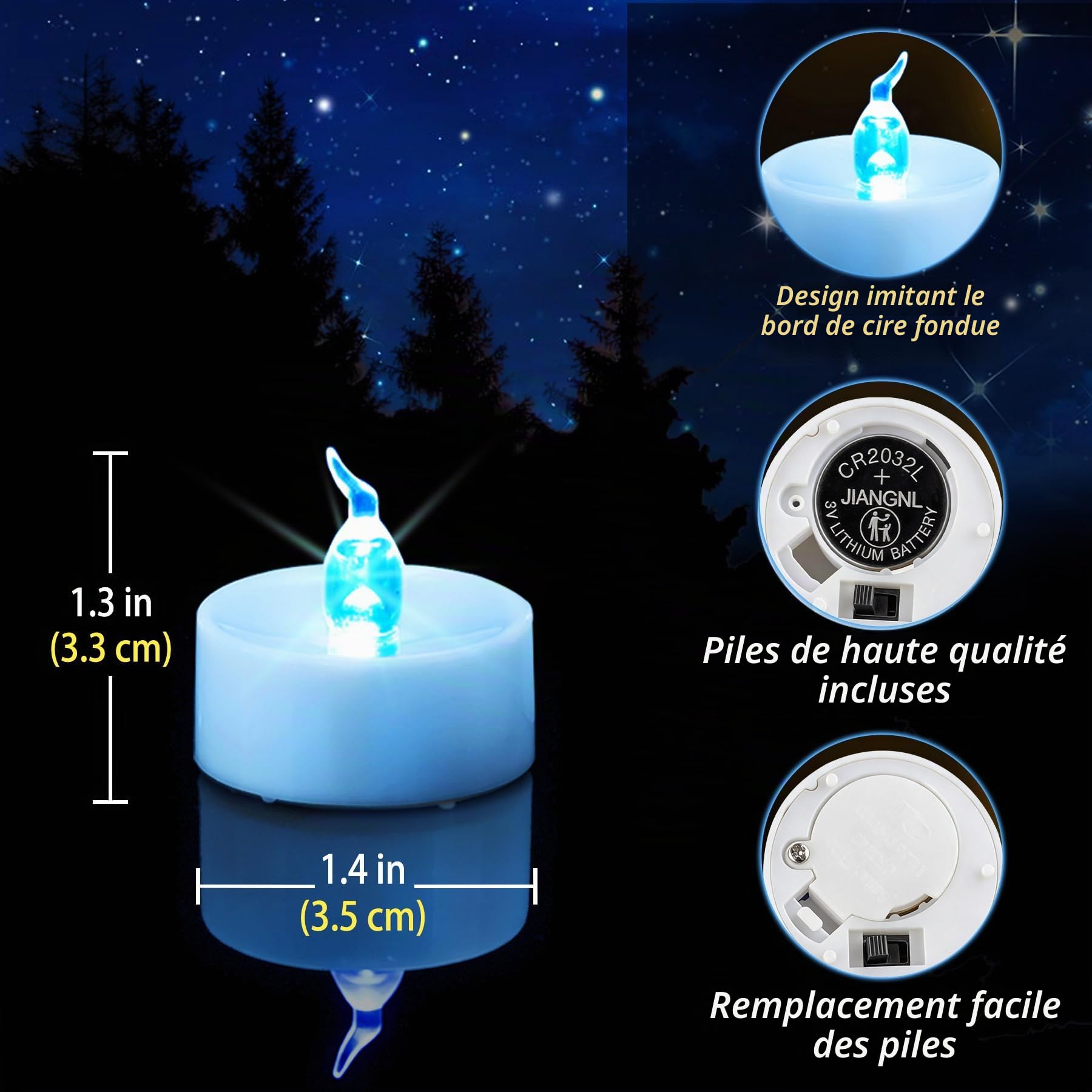 Lot de 24 bougies chauffe-plat à LED bleues à piles, sans flamme vacillante, bougies chauffe-plat électriques en vrac pour mariage, fête bleue, Halloween, décorations de Noël