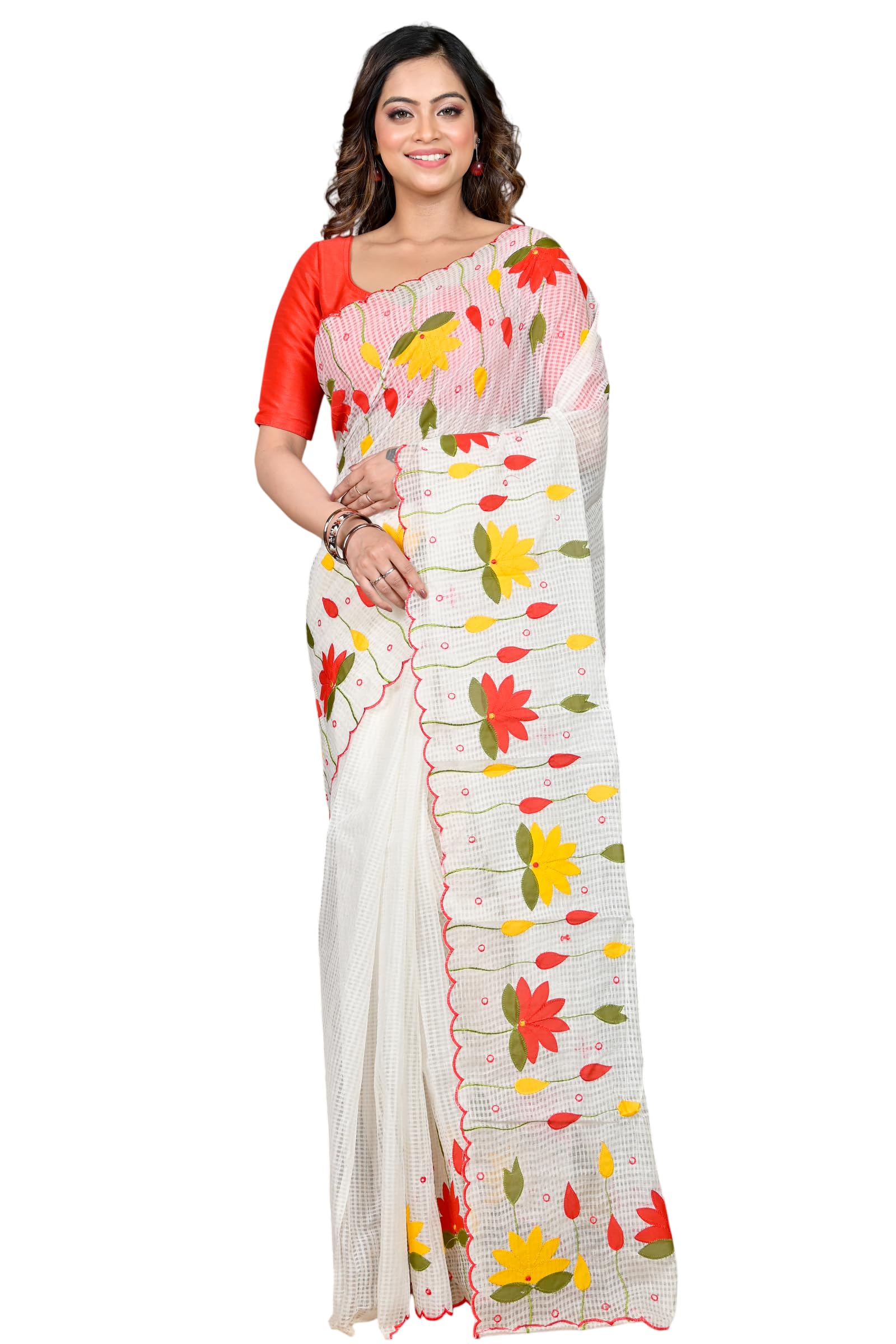 Traditional Bengal Artisan Crafted Kota Cotton Applique Saree-image-5