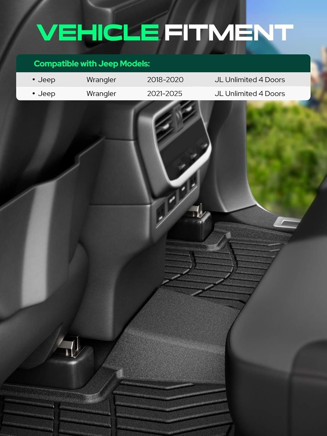 YHTAUTO Floor Mats Fit 2018-2025 Jeep Wrangler JL Unlimited 4 Doors, TPE Floor Liners All-Weather Protection Custom Fit, 1st & 2nd Row, Set of 3 Black