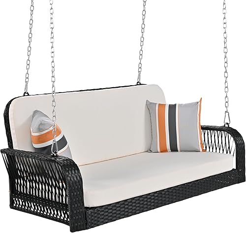 Miniatura 9 de Quarte Columpio colgante de mimbre para 2 personas, banco de mimbre para exteriores con cadenascojínalmohada, muebles de patio para jardín, patio