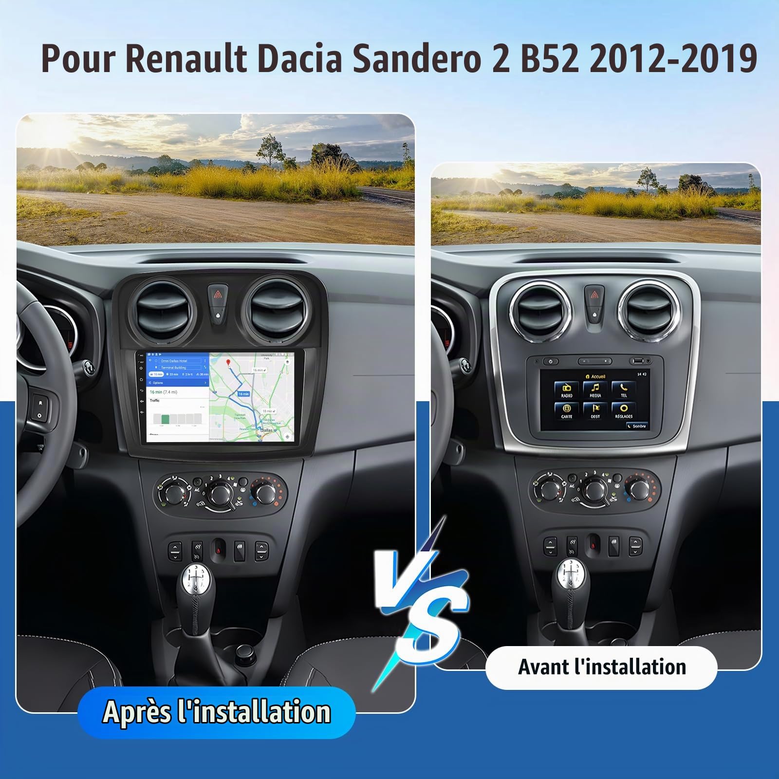 OiLiehu 2G+64G Android 13 Autoradio pour Renault Dacia Sandero 2 B52 2012-2019 avec CarPlay Android Auto sans Fil, 9“ IPS Écran Tactile avec GPS WiFi Lien Miroir Bluetooth FM/RDS EQ SWC Caméra Arrière