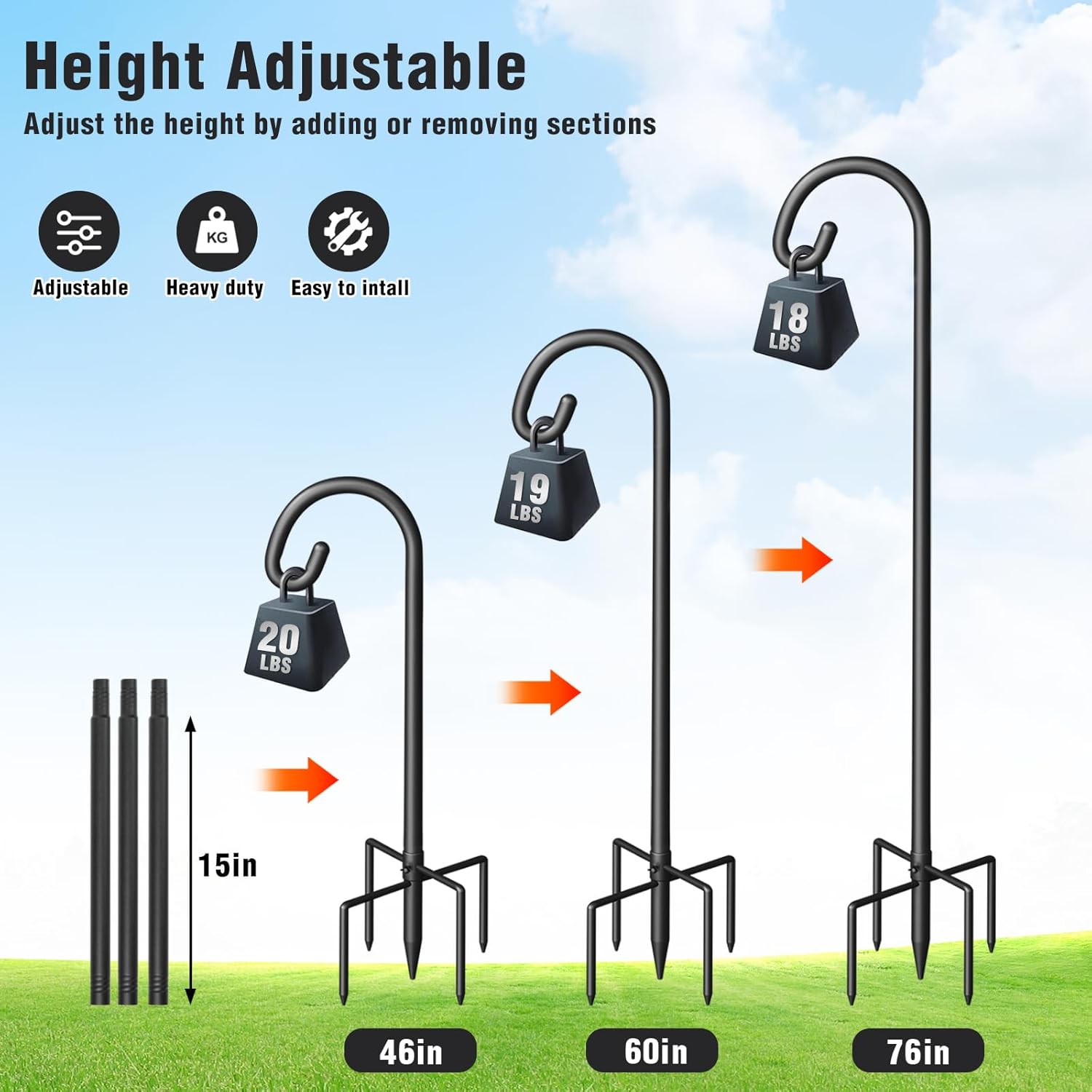 Shepherd Hook for Outdoor, Heavy Duty Bird Feeder Pole with 5 Prong Base, Adjustable Height Bird Feeder Stand Ideal for Hanging Bird Feeders, Plant, and Garden Decorations