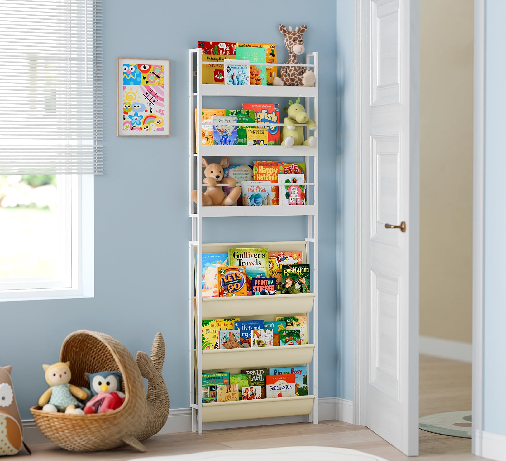 HAVLOTII Estantería para niños, estante de pared de 6 niveles para habitaciones de niños, estantería detrás de la puerta para bebés pequeños, estante de pared de esquina para dormitorio/guardería