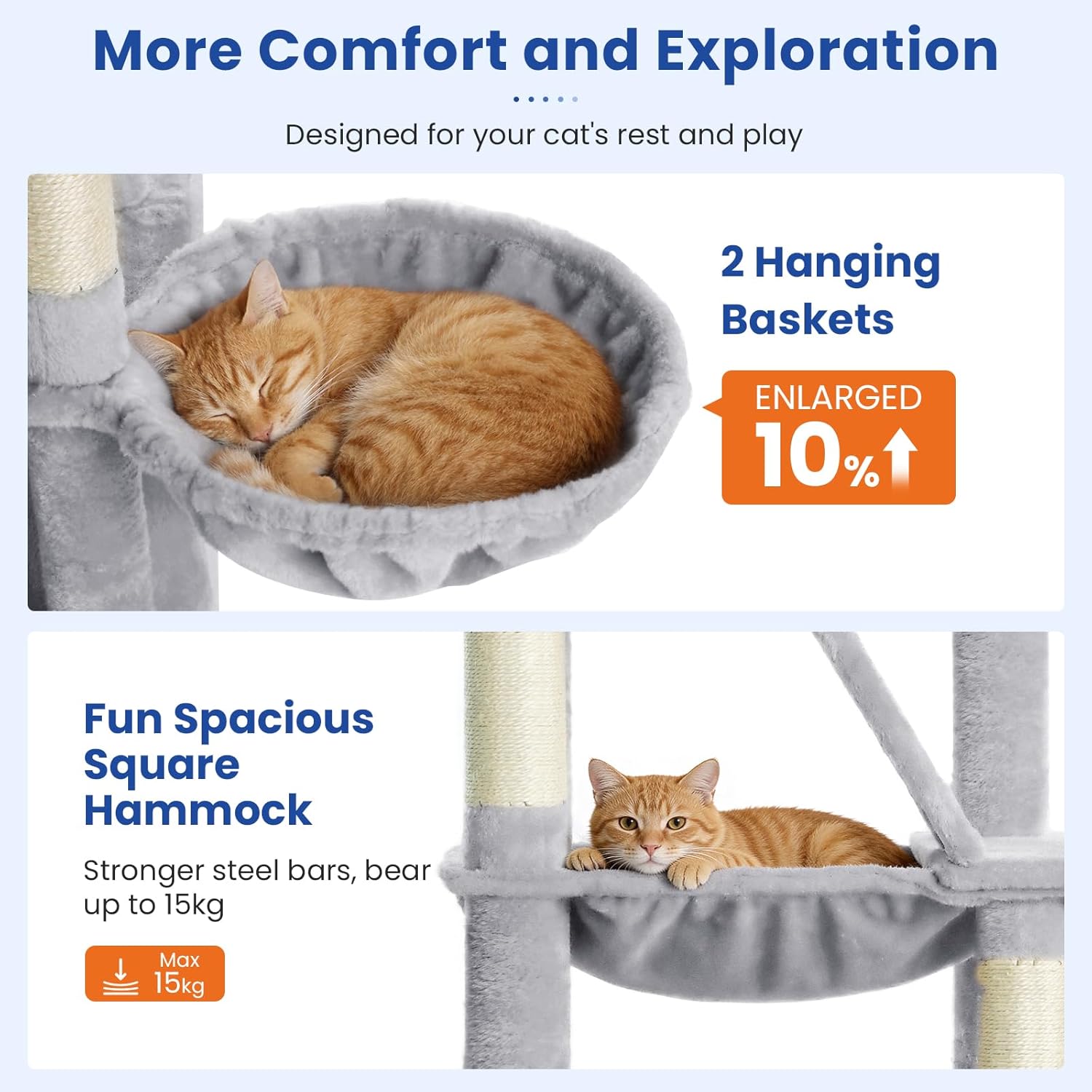 ABCPET Cat Tree 82 in Multi-Level Cat Tower for Indoor Cats, Heavy Duty Large Cat Tree with Sisal Scratching Posts, Hammock, 2 Perches, 2 Condos, 2 Hanging Baskets, Light Grey