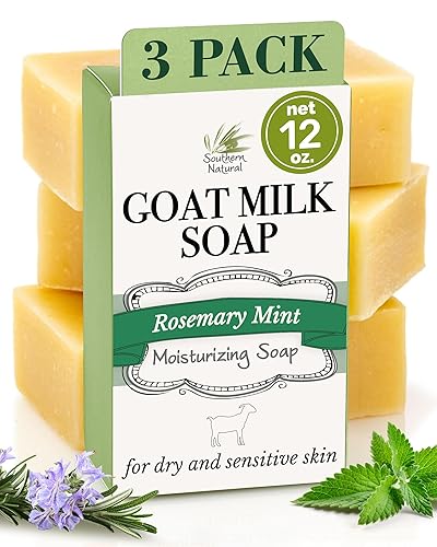 Southern Natural Barra de jabón de leche de cabra  Paquete de 3 unidades de romero y menta  para pieles sensibles secas. Jabón natural hecho a mano