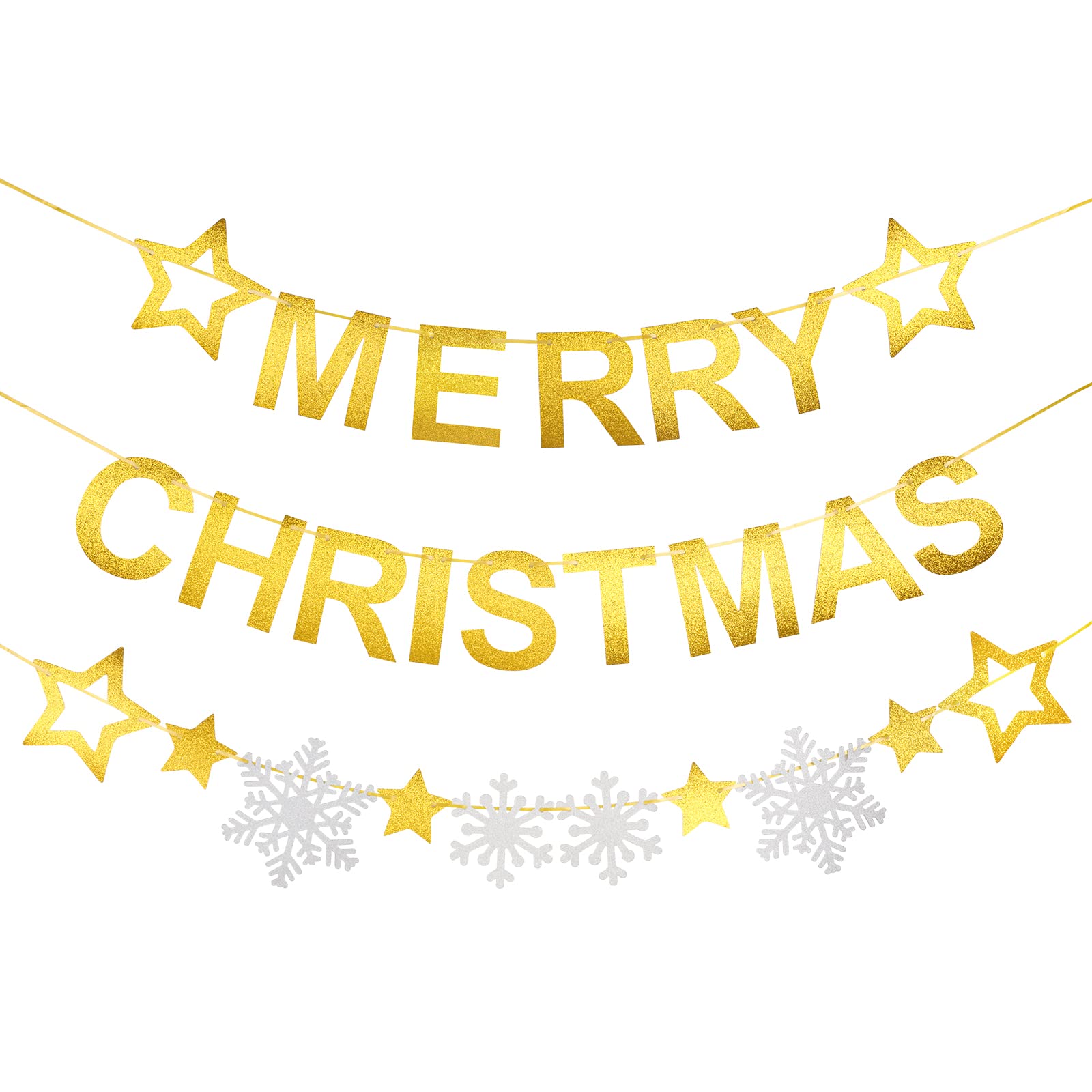 Fowecelt Merry Christmas Banner Decorations - Christmas Bunting Decorations, Merry Christmas Garland, Gold Star and Silver snowflake String Flags Letter Paper Banner for Xmas Party Decor