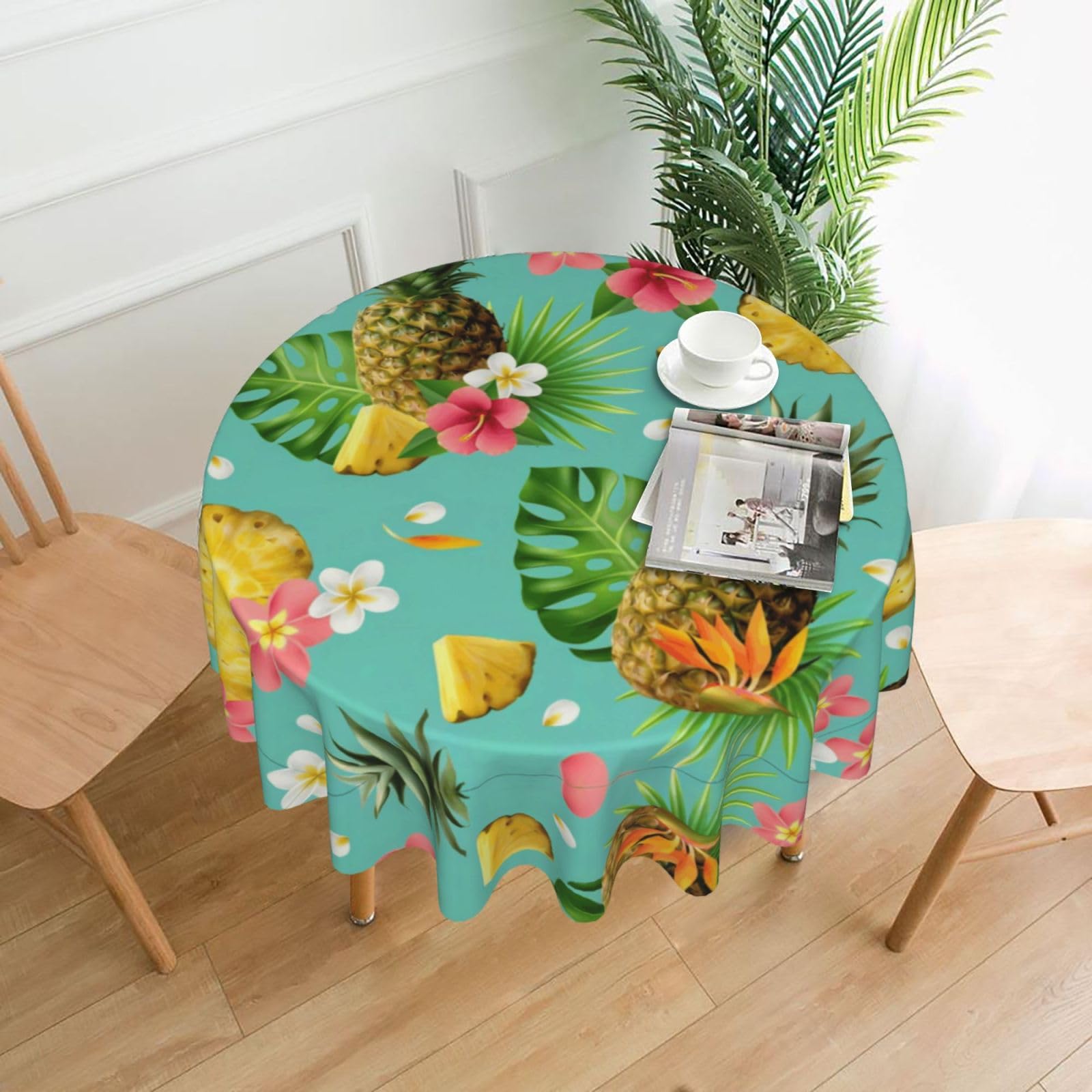 HLSBSSL Tropical Pineapple Printed round decorative tablecloth, 60 inches, suitable for various tables in the living room, dining room, coffee table, etc.