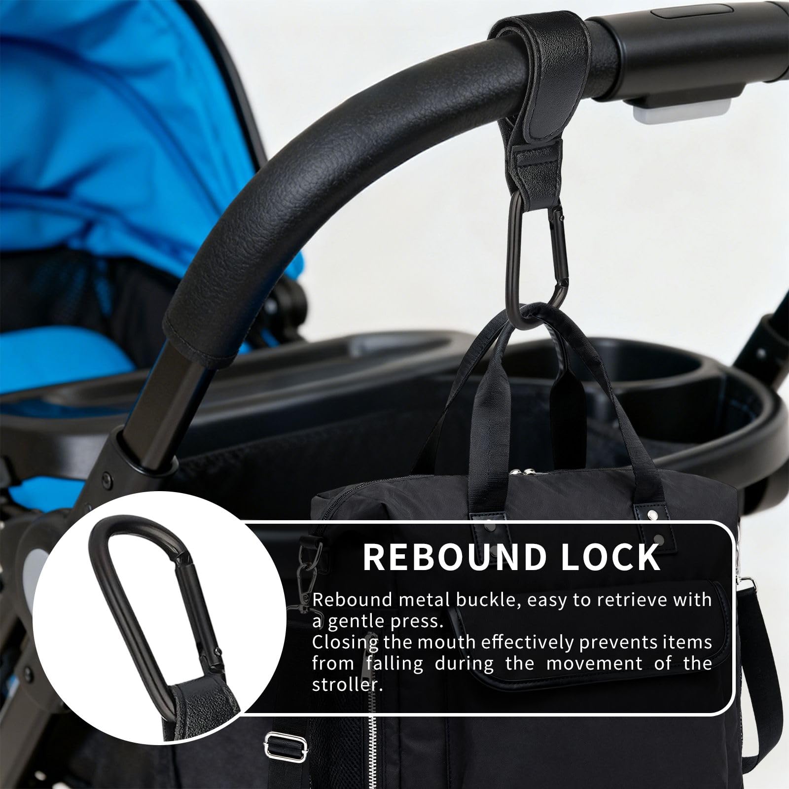 Gancio universale con chiusura in , pelle PU e struttura in alluminio, portata 25 kg per passeggino, sedia a rotelle e bagagli