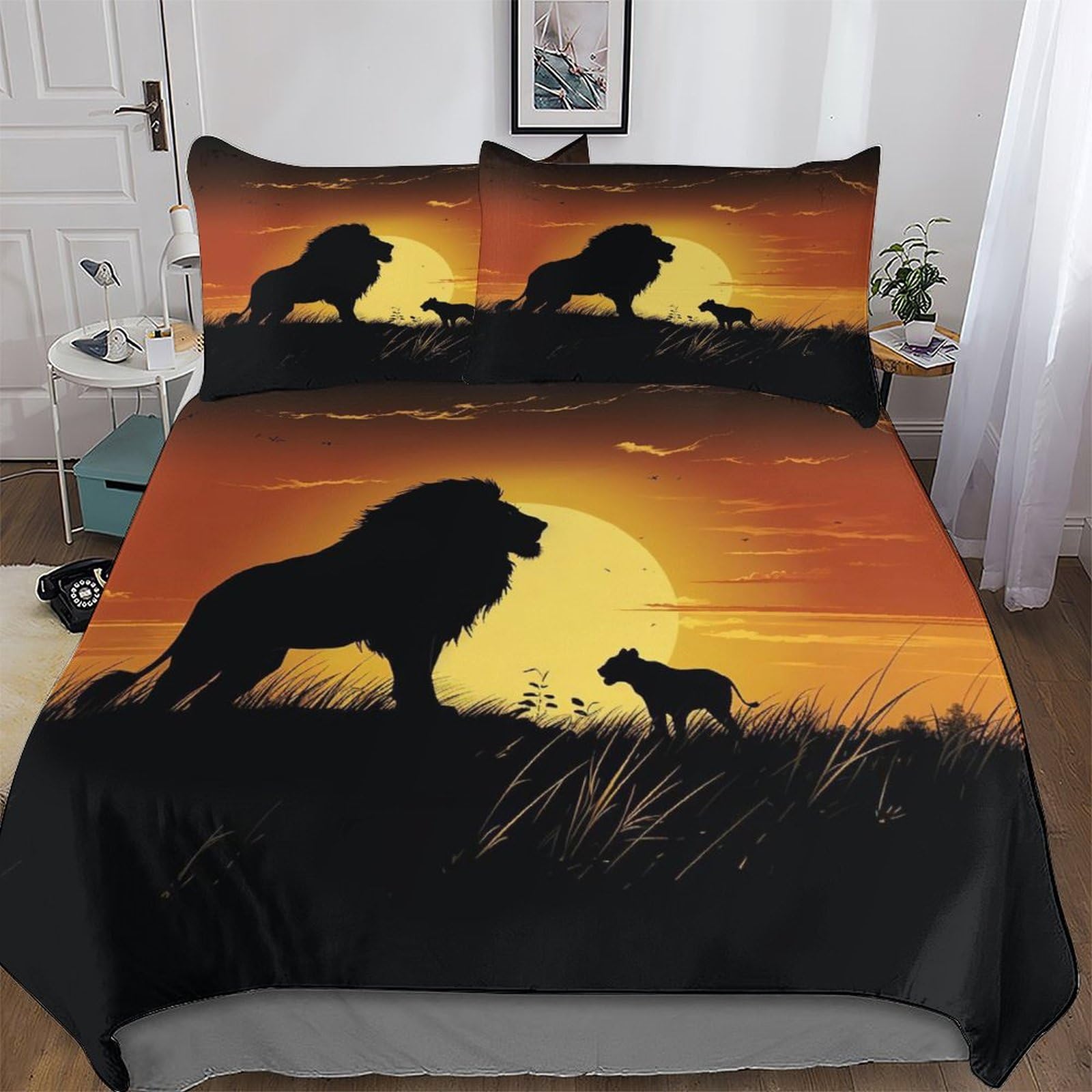Housse de couette lion 3 pièces en microfine, parure de lit king 220x240cm