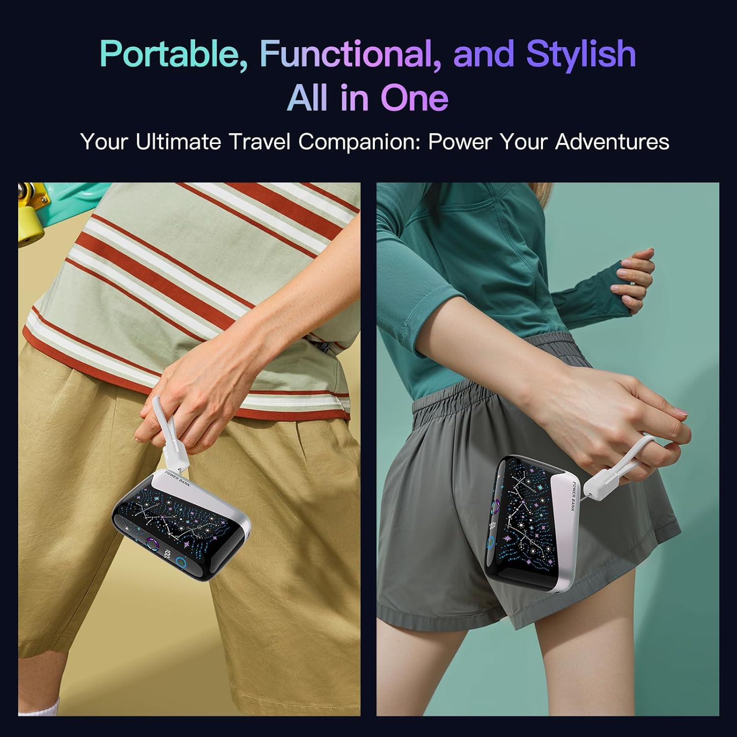 2026 "Galaxy" Portable Charger with Built in Cables, 12000mAh Portable Charger, Travel Essentials Power Supply 3A High Speed Power Bank for iPhone Samsung Pixel Moto - Gifts for Your Family & Friends