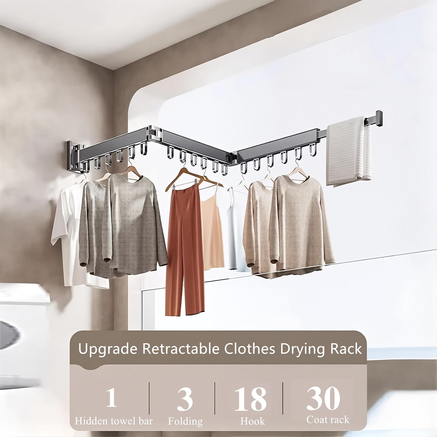 Foldable Clothes Drying Rack, Wall Mounted Retractable Hanger with 18 Hooks, No-Drill/Drill Dual Installation, Space-Saving Aluminum Laundry Rack for Balcony, Bathroom, Indoor Outdoor. (Black)