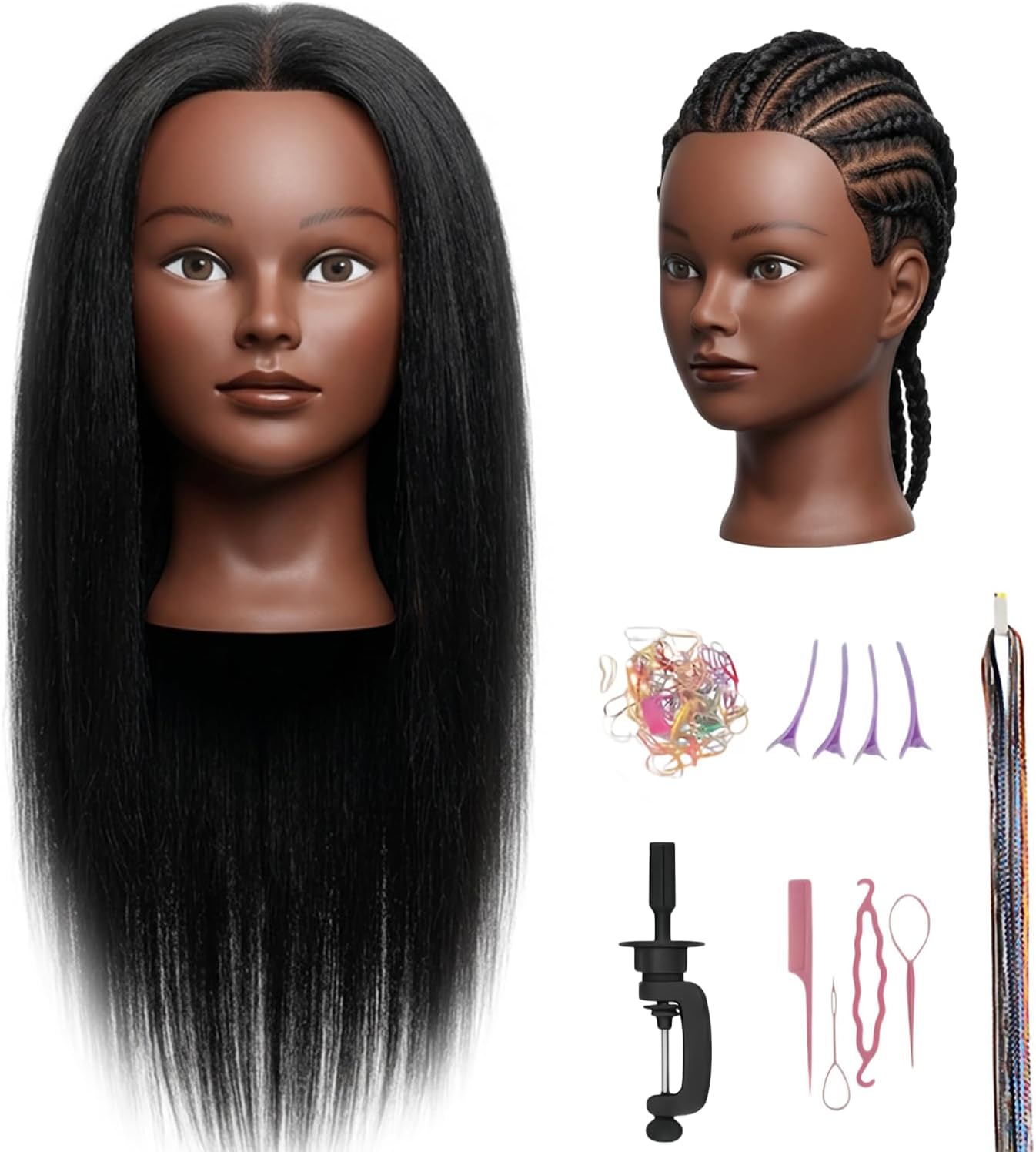 Mannequin Head Human Hair 16 Inch, 100% Real Human Hair Cosmetology Mannequin Head with Clamp Stand, Professional Hair Manikin Doll Head for Braiding, Styling & Hairdresser Training (Black-16inch)