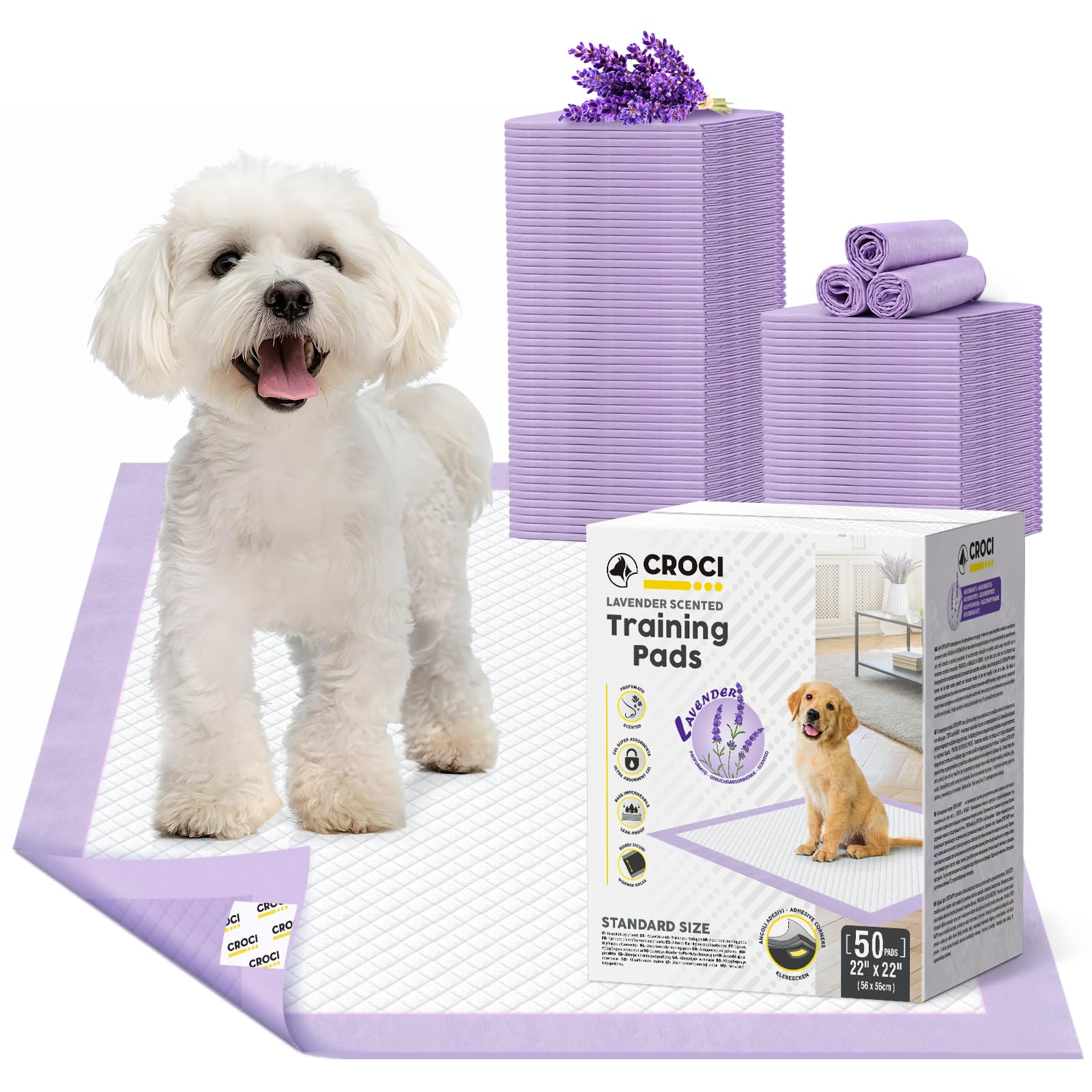 CROCI Puppy Pads with Adhesive Tabs Leak Proof Lavender Scent 22x22in 50Ct