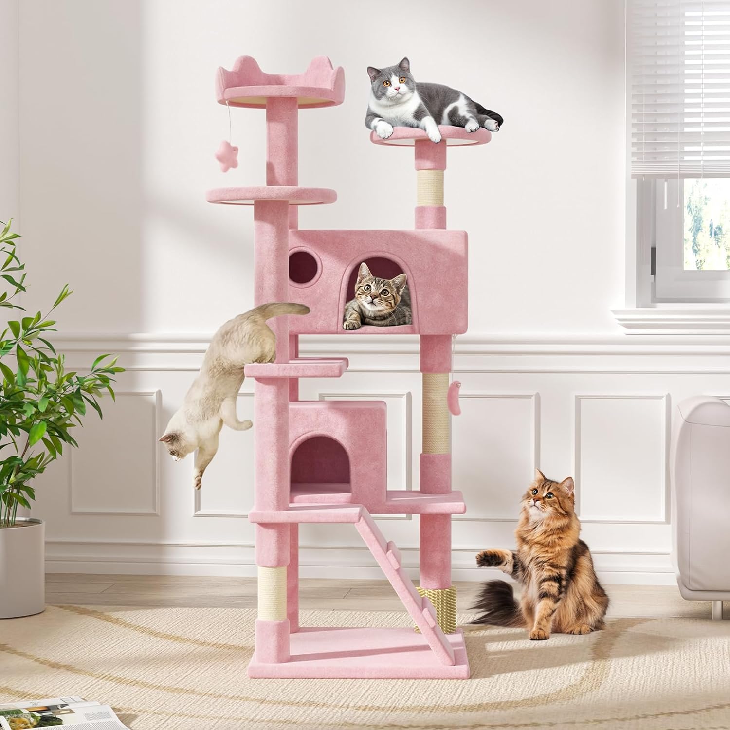Magshion Cat Tree 60" Cats Tower for Indoor Cats, Multi-Level Cat Condo with Scratching Post, Top Perch, Sisal Board and Dangling Ball, Cat Stand Jumping Platform Kittens Pet Play House (Pink)