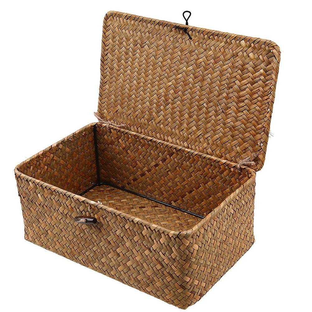 Srliya Yellow Seagrass Basket With Lidï¼Œlarge Handwoven Wicker Storage Bins Rectangular Household Organizer Boxes Shelf Wardrobeï¼Œstore Clothes And Home Items (29X19x12cm)