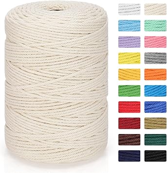 Macrame Cord 3mm x 328yd | 100% Natural Cotton Macrame Rope | 4 Strand Twisted Cotton Cord for DIY Crafts Knitting Plant Hangers Wedding Decor, Beige