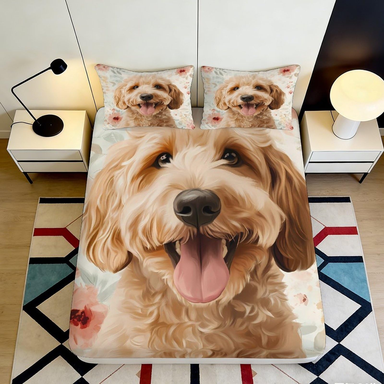 Pnayamiorkfel Style-5 3D Printed Golden Doodle Dog Fitted Sheet Microfiber Soft Washable Floral Pattern Bed Cover For Bedroom Guest Room 90X200x25cm