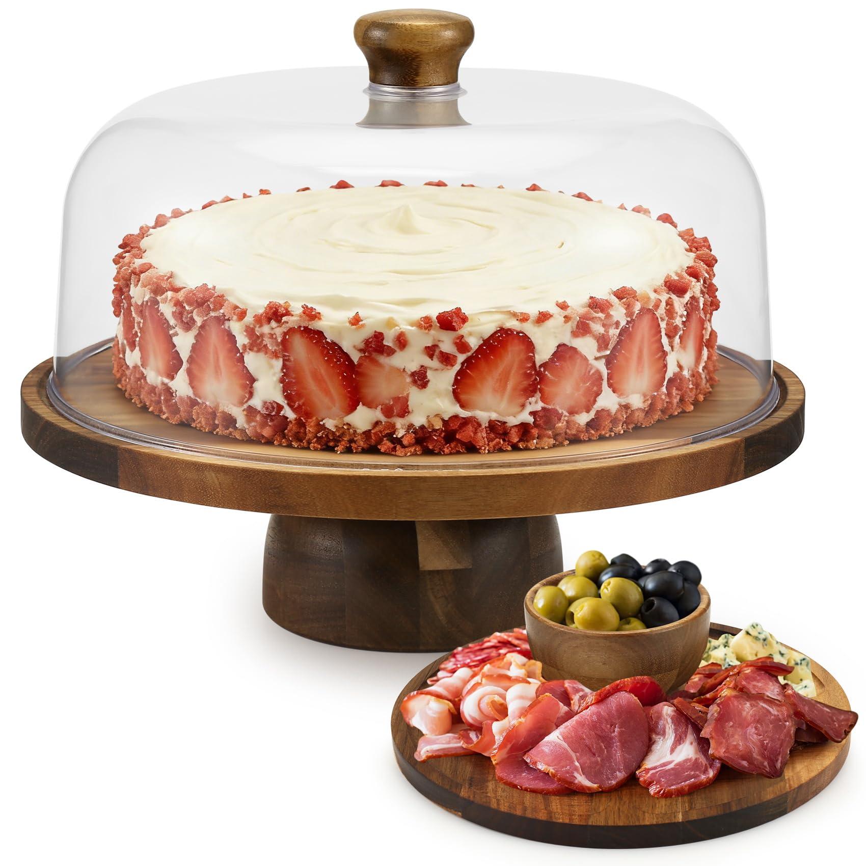 Micvtve Wooden Cake Stand With Acrylic Dome Lid Rustic Cake Plate With Pedestal, Food Serving Platter, Cheese Board, Acrylic Cover Shatterproof For Baking Gifts, Birthday ()