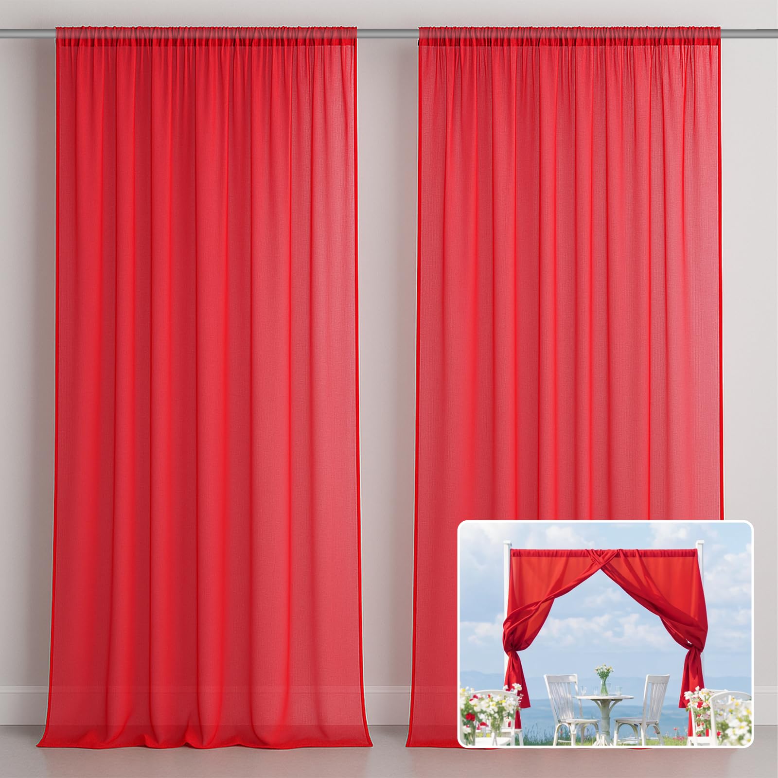 Emart Red Backdrop Curtains, 3 X 3M /10 X 10Ft Tulle Chiffon Fabric Drape For Parties Wedding Stage Decoration, 1.5X3m,2 Panels Background Cloth For Baby Shower Photography Birthday Photo Photoshoot