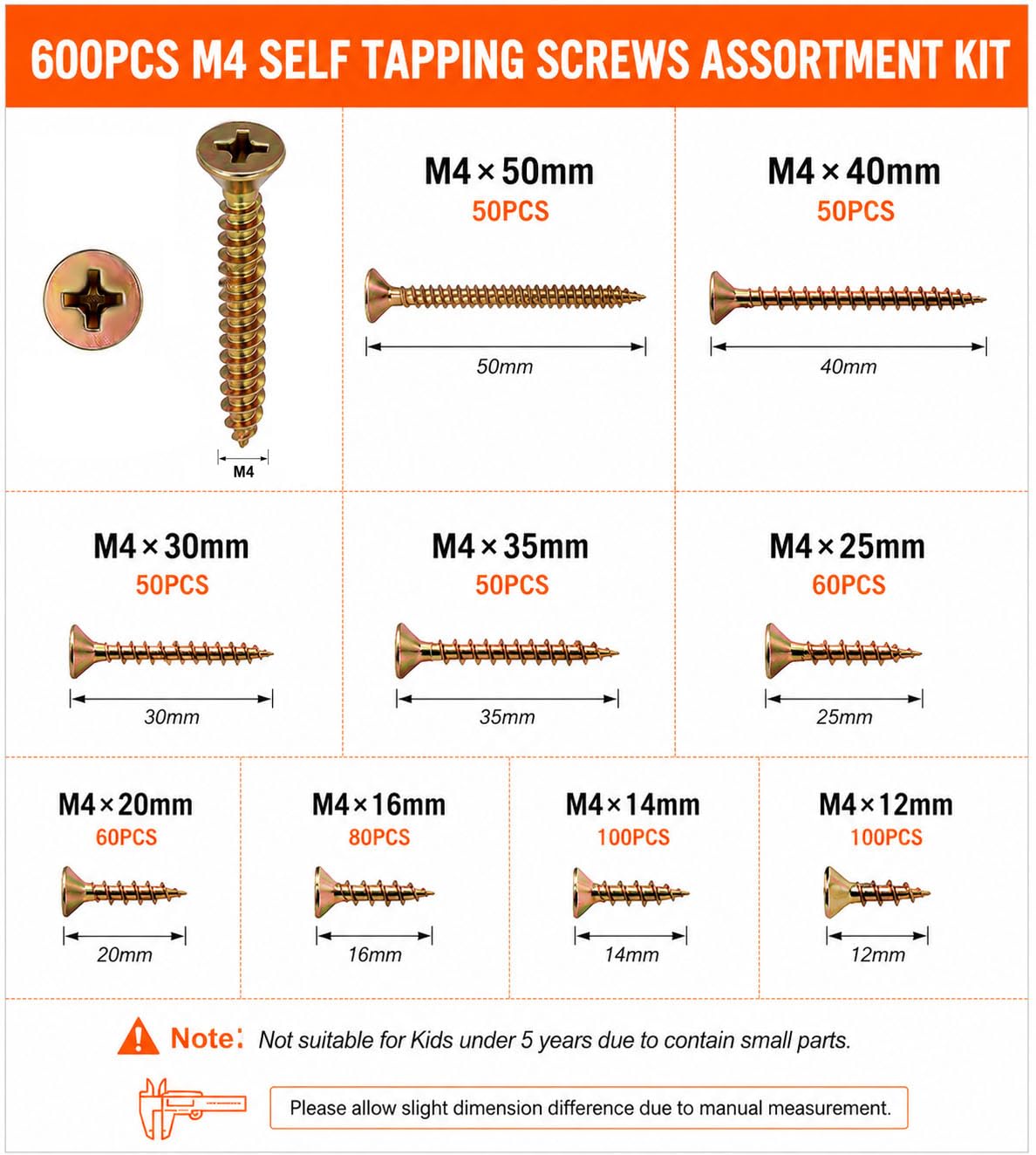 Assortiment de 600 vis à bois, tailles M4, 12 mm à 50 mm, en acier zingué, tournevis cruciforme, avec embout de tournevis