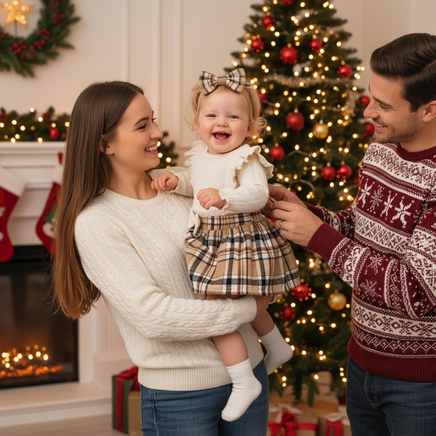 Weixinbuy Baby Girls Fall Outfits 3-Piece Set Long Sleeve Romper & Plaid Skirt Headband Soft Snap Closure 0-18M - Image 5