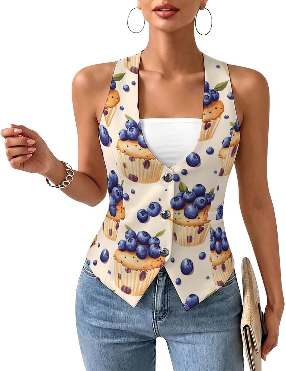Blueberry Muffins Cakes Women's Tuxedo Waistcoat Suit Vest | 3 Button V-Neck Slim Fit Casual Sleeveless Top