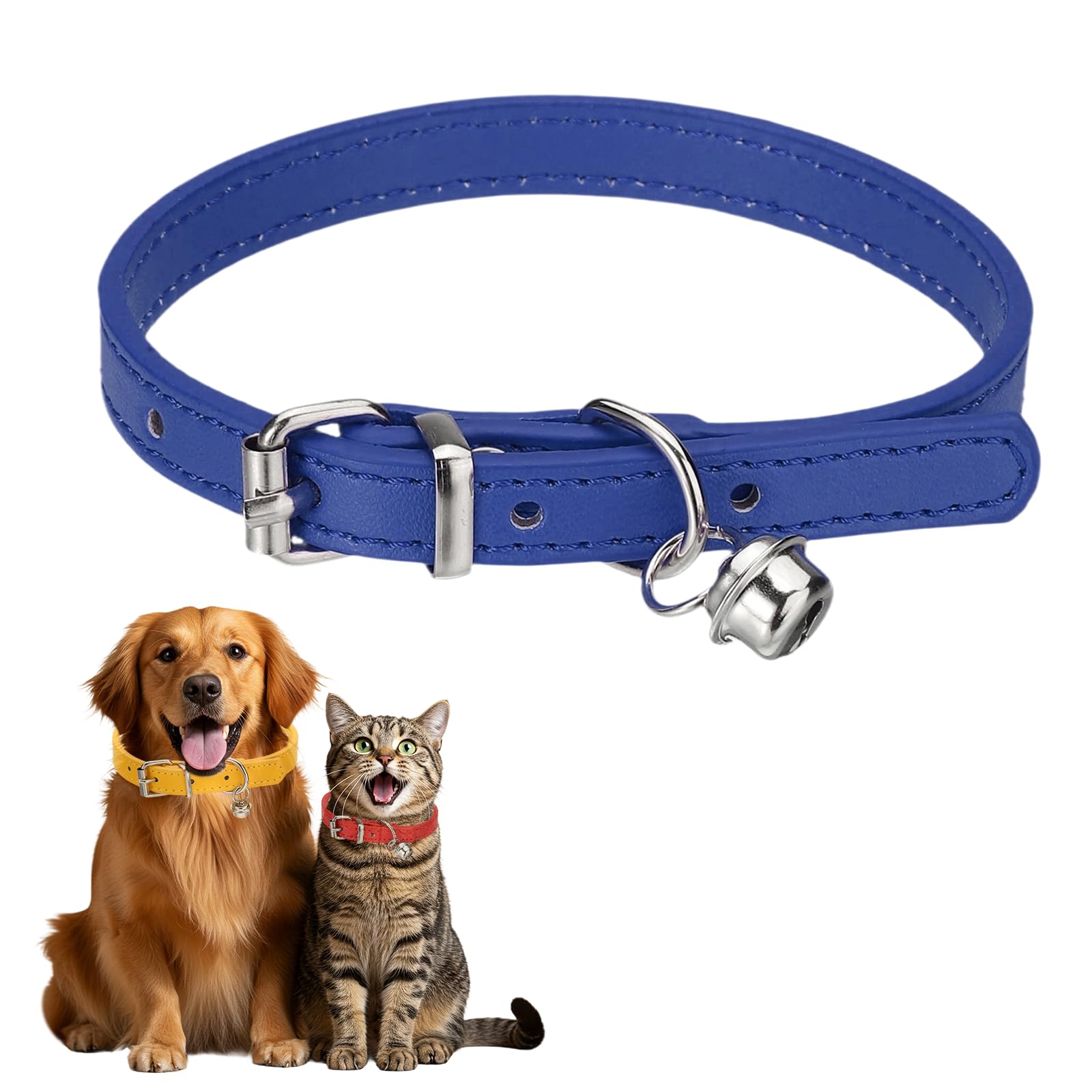sourcing map Dog Collar with Bell, Pu Leather Cat Collars Pet Basic Soft Padded Adjustable Buckle, 12" (Navy, 1 Pcs), Intended for Teacup/Little Dog/Kitten Cats/Small Animals