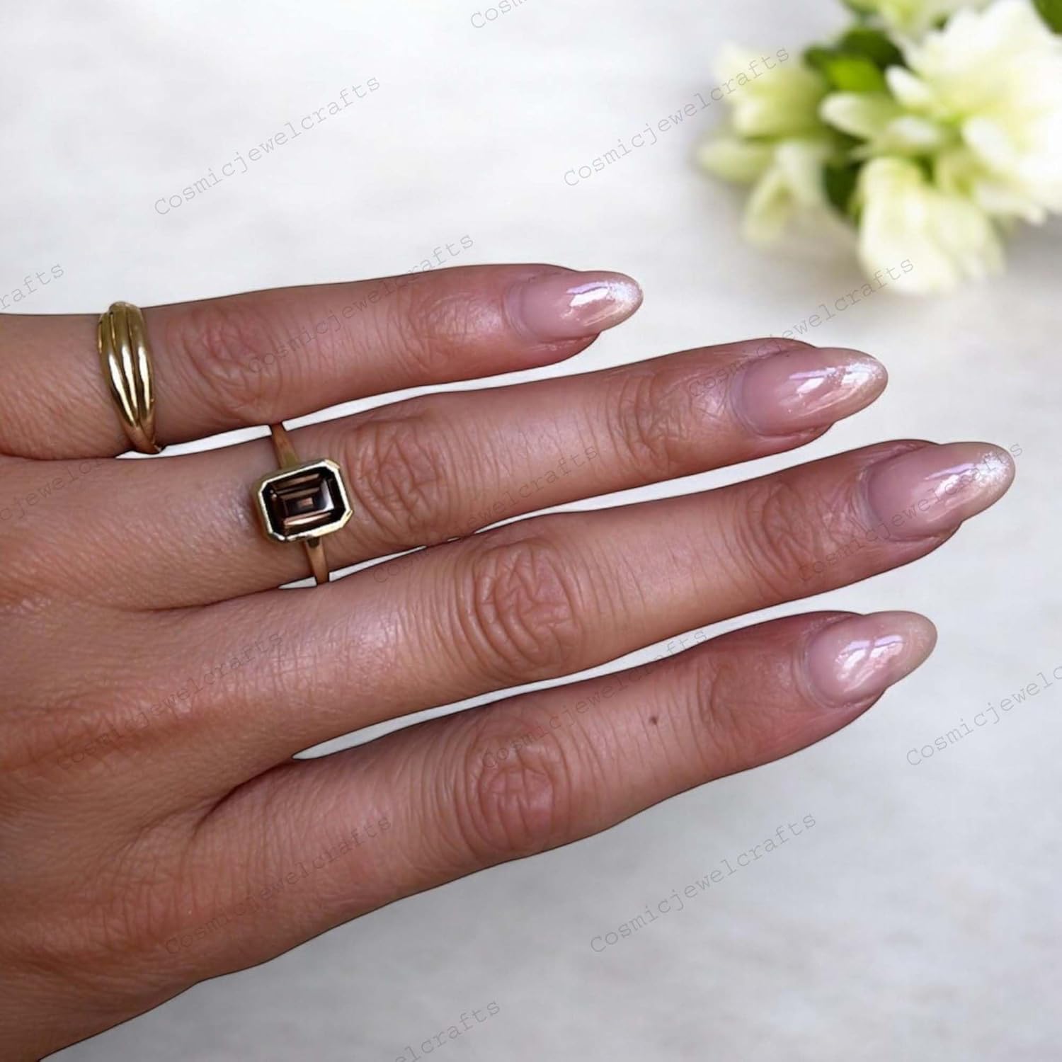 Emerald Cut Smoky Quartz Engagement Ring 14K Yellow Gold Brown Gemstone Women Solitaire Fine Jewelry Bezel Setting Promise Ring Gift for Her