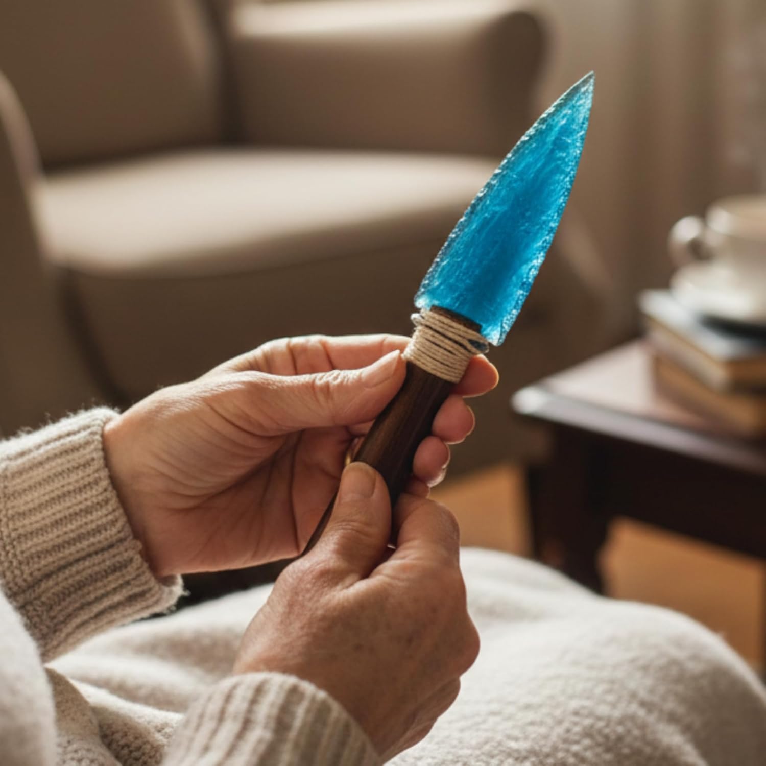 Handmade Aqua Obsidian Glass Arrowhead Knife – 8” Translucent Blue Crystal Dagger for Protection, Clarity & Altar Decor – Unique Metaphysical Healing Stone Gift & Ritual Blade