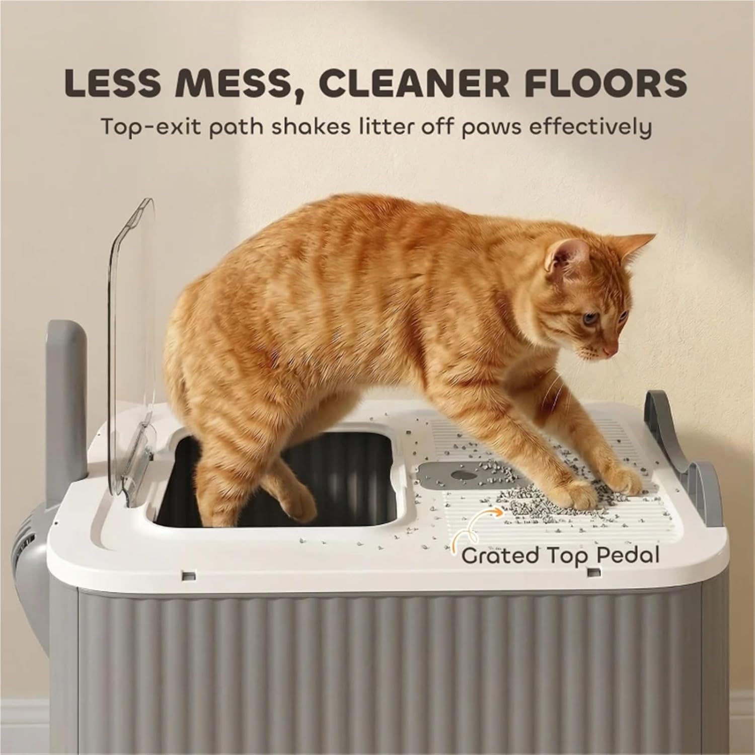 Enclosed Cat Litter Box with Front Entry Top Exit Odor Control Hooded Structure for Indoor Cats Gray White Modern Home Pet Accessory